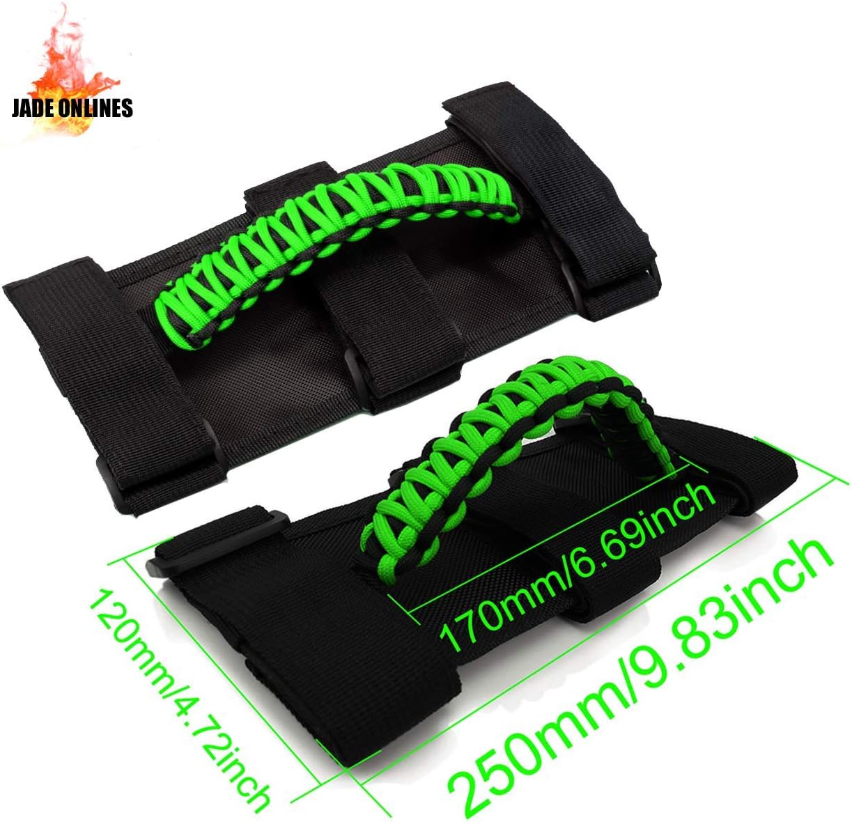 Jade Onlines for Jeep Grab Handles 2 Pieces, Roll Bar Paracord Grab Handles for Jeep Wrangler YJ CJ TJ JK JKU JL JLU Red Jeep Grip Handles with 3 Straps and Woven Handle (Green)