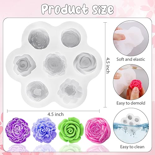 Miniatura 2 de Moldes de silicona para 7 cavidades, moldes para velas de flores de rosas, molde de fondant de peonía para gelatina, chocolate, mousse, decoración