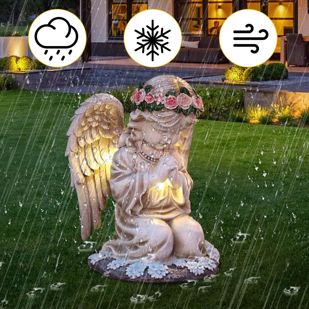 KBIBCK Zonne-engel tuinbeelden, beschermengelfiguur, grafdecoratie, weerbestendig, graflicht, buitendecoratie, engel voor graf, grafdecoratie voor begraafplaats, sprookjes-engelsculptuur, decoratief