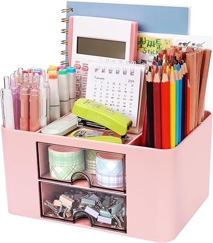 Organizador de bolígrafos de plástico, organizador de escritorio multifuncional con 2 cajones, 4 compartimentos y una bandeja superior, soporte para