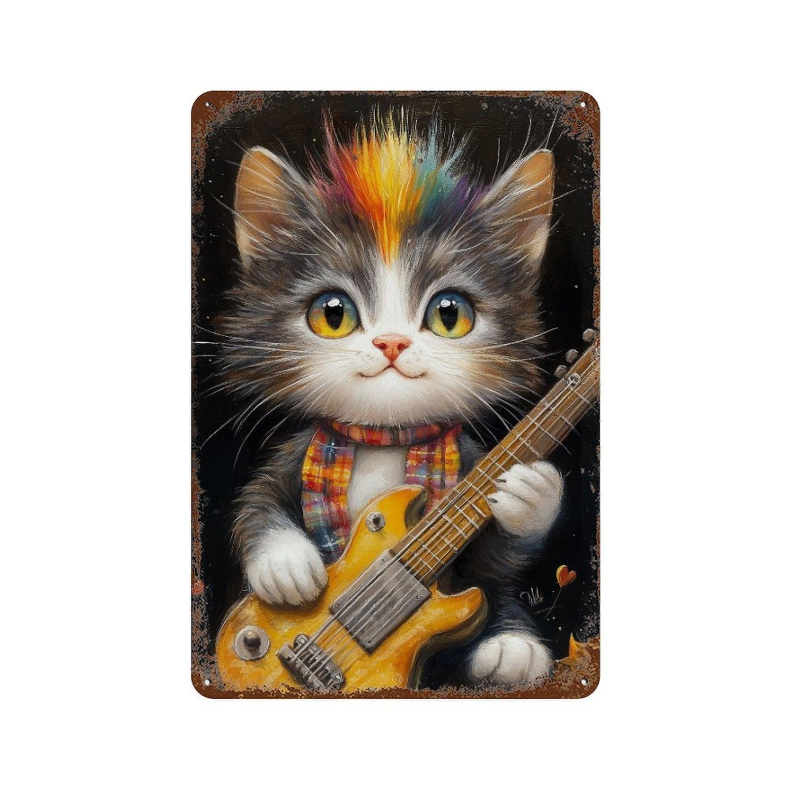 Rainbow Kitty Guitarist Distressed Metal Wall Sign 11.8"x7.9", for Basement, Hobby Room And Garage Decor, Shabby Chic Decor