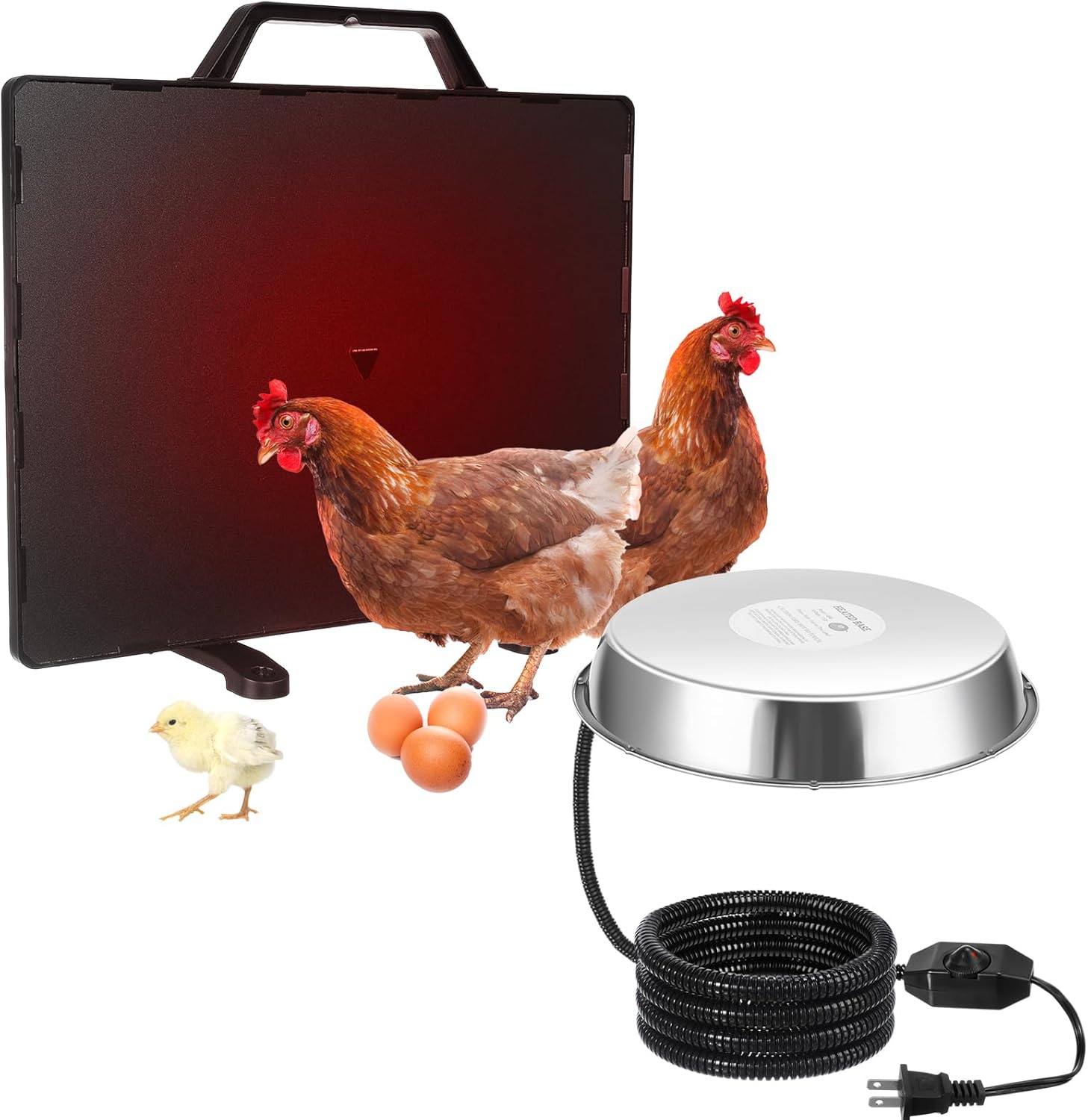 VIHOSE 2 Pcs Chicken Coop Heater 1 PC Radiant Heat Panel with Adjustable Temp 77 to 200℉ 1 PC Stainless Steel Poultry Chicken Waterer Heater for Winter Heated Base Radiant Warmer for Inside Outdoor