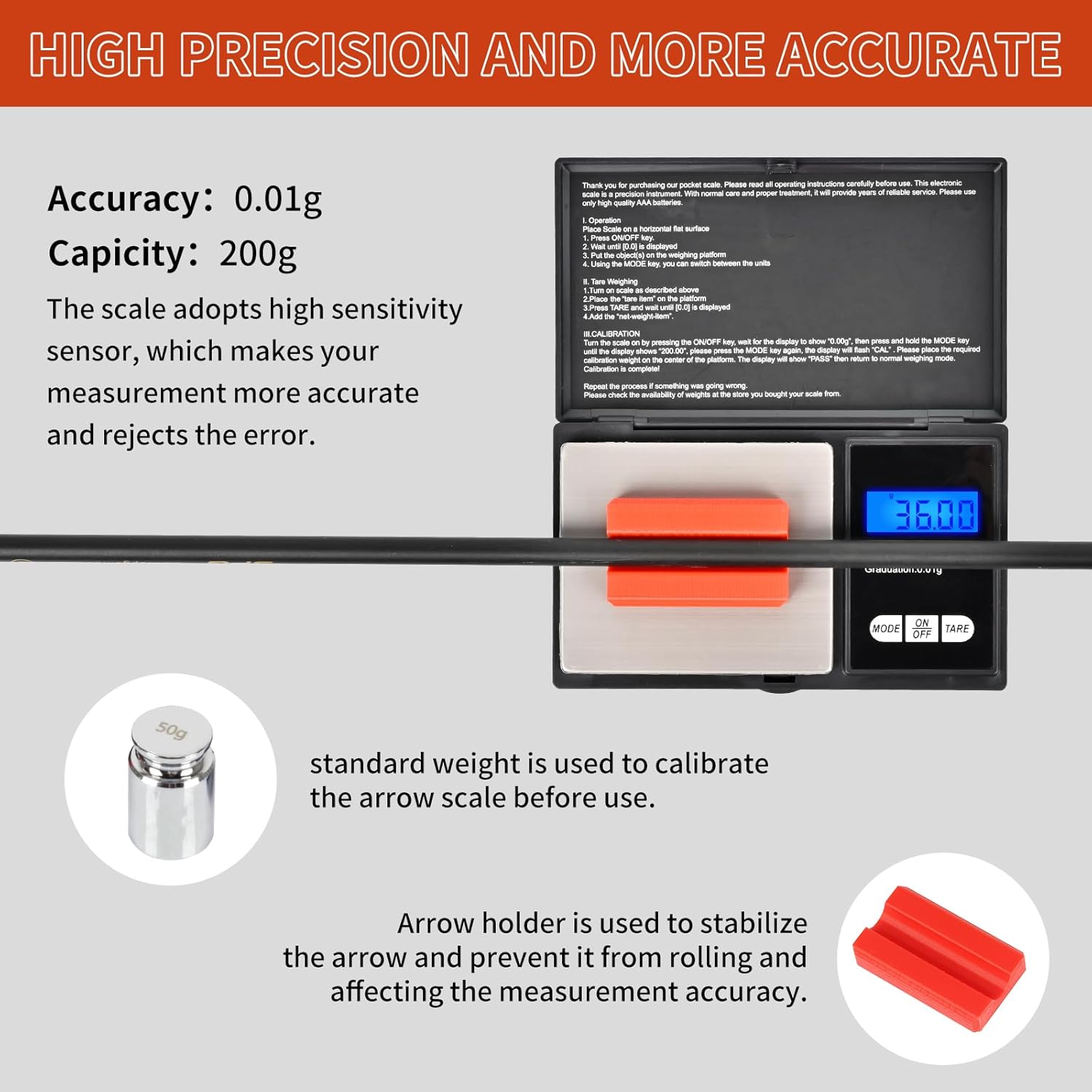 SPG Arrow Scale Digital Grain, Pocket Grain Scale Archery 200g×0.01g Arrow Weight Scale with Arrow Holder 50g Calibration Weight, Precision LCD Backlight Display 7 Units Modes Included Batteries