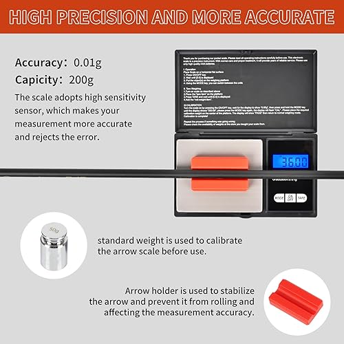 Miniatura 3 de SPG Báscula digital de flecha, báscula de tiro con arco de bolsillo de 7.05 oz × 0.00 oz con soporte de flecha, peso de calibración de 1.76 oz,