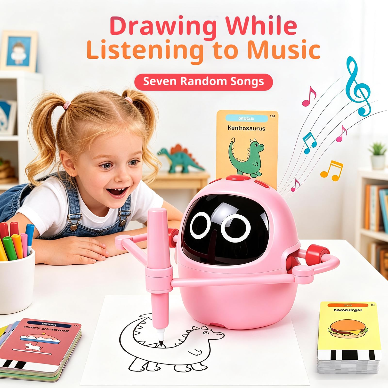 Robot da disegno per bambini, 220 carte educative con guida vocale Montessori, giocattolo da pittura per ragazze e ragazzi 3-8 anni, regalo di compleanno e Natale (rosa versione inglese)