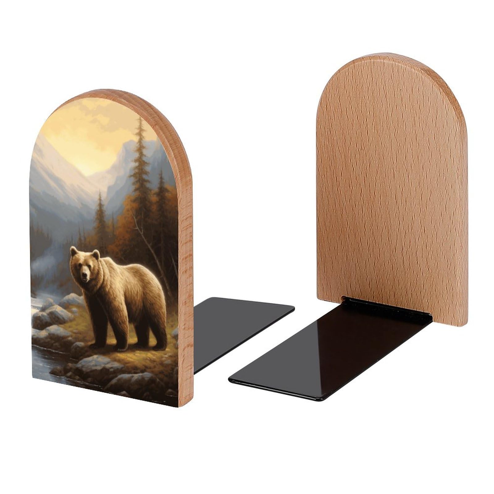 Painting Brown Bear Mountain Book Ends Decorative Wood Bookends for Shelves Kids Room Desk Home Office Book Stoppers for Magazines,Books, DVDs, 1 Pair/2 Pieces(5x3.1 in)