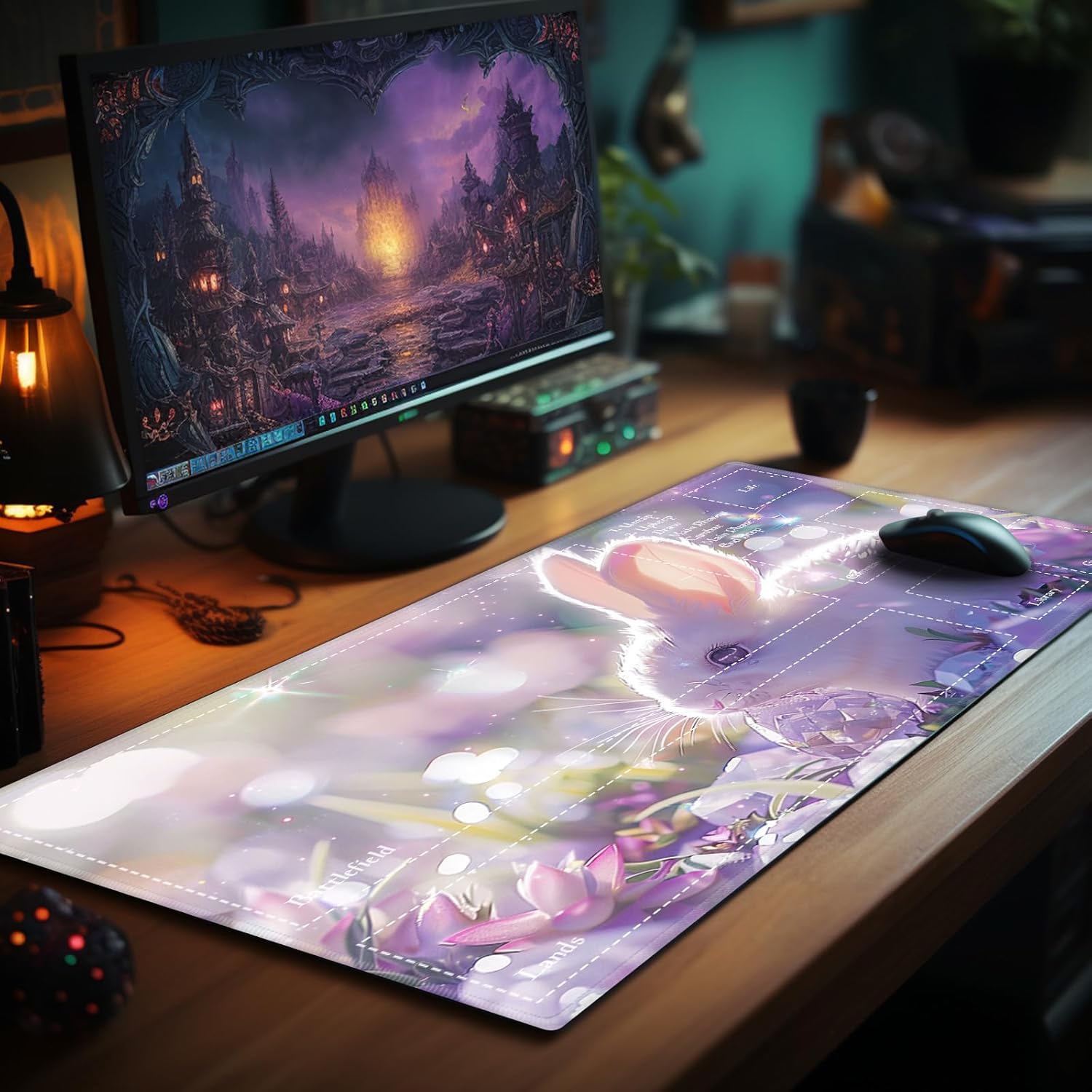 Playmat with Zones for MTG Card Game Playing, Game Mats Tabletop Magic Play Mats 24"x14" Commander Deck Gaming Desk Duel Mat Card Gameplay Mats for Beginner, Bunny Crystal Easter Egg