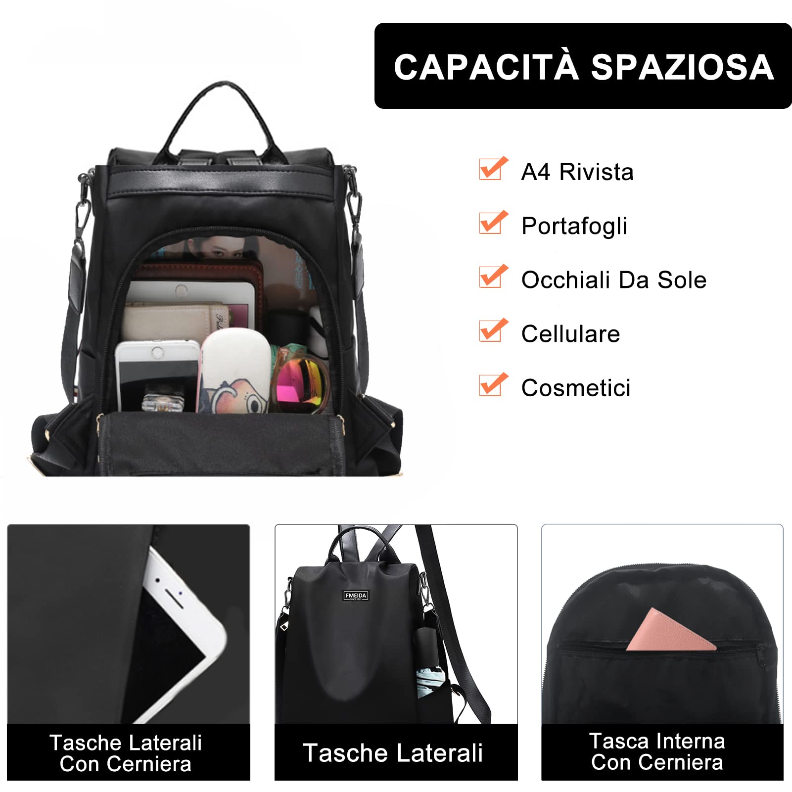 Fmeida Zaino Donna Antifurto Moda Borsa Donna con Tracolla Borse Zainetto da Viaggio Impermeabile
