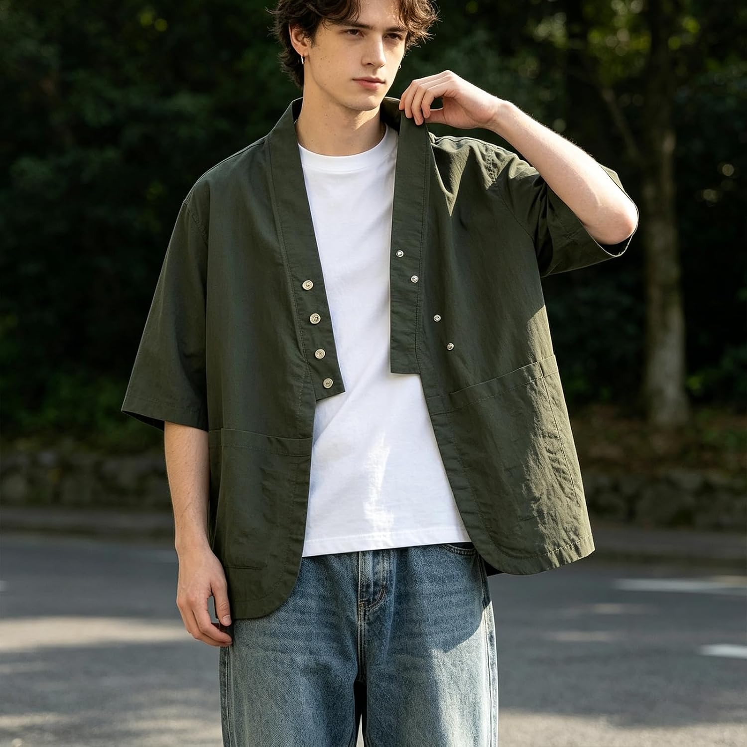 GURUNVANI Men's Kimono Cardigan Asymmetrical Snap Buttons 3/4 Sleeve Loose Japanese Jackets