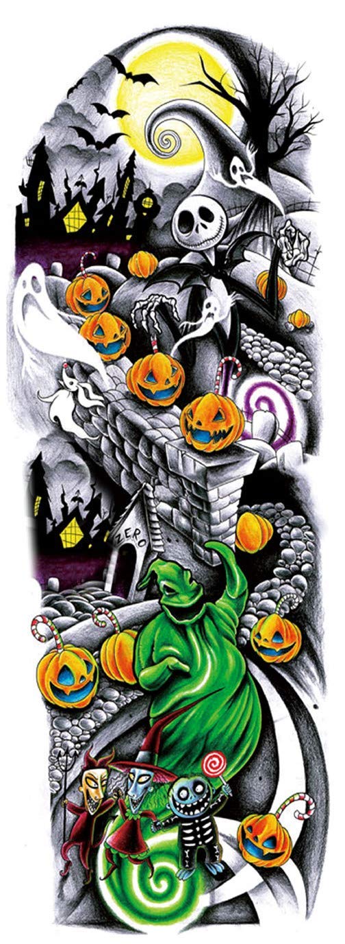 DaLin 12 Sheets Extra Large Full Arm Temporary Tattoo Sleeves, Nightmare Fake Tattoos for Halloween Masquerade Party(QB3001)