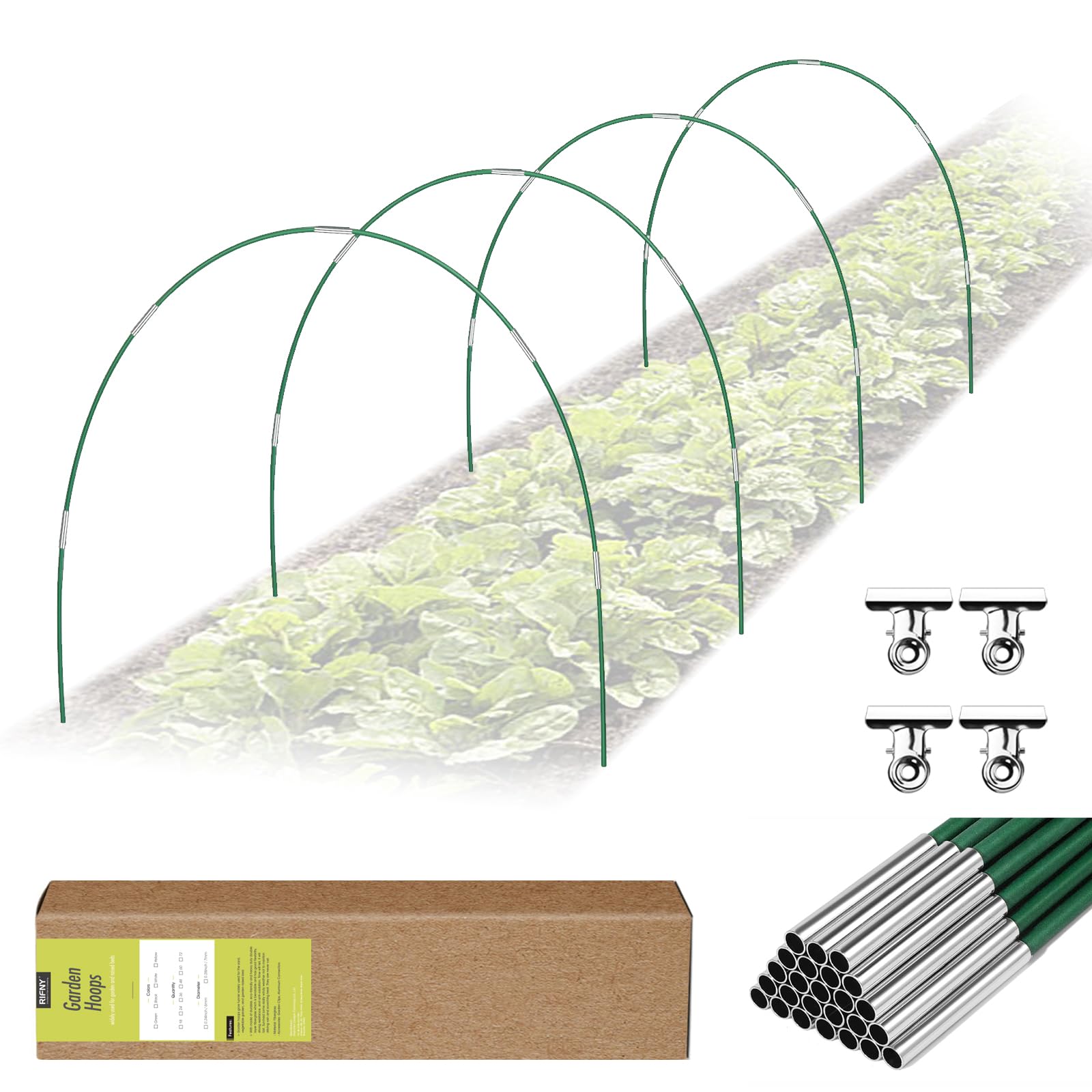 RIFNY Garden Hoops for Netting, 24PCS Garden Hoops for Raised Beds Insect Mesh Netting Tunnel Kits, Greenhouse Cloche Hoops Frame for Plant Freeze Cover (Green)