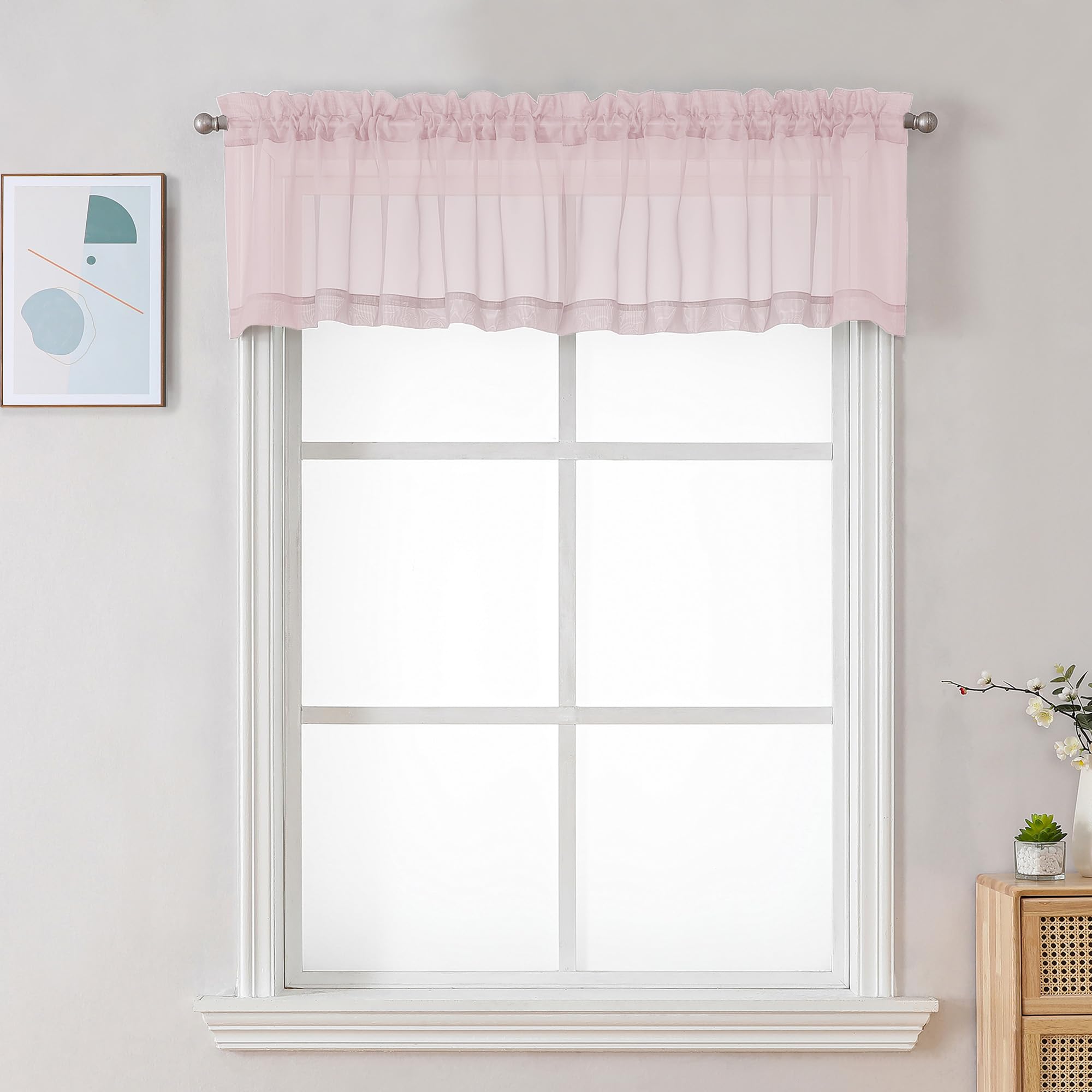 Chyhomenyc Sheer Valances for Windows 2 Pack, Small Window Curtains for Living Room Bathroom Cafe Laundry Basement, Modern Top Dual Rod Pocket Voile Curtain, 42W x 18L inches, Blush Pink