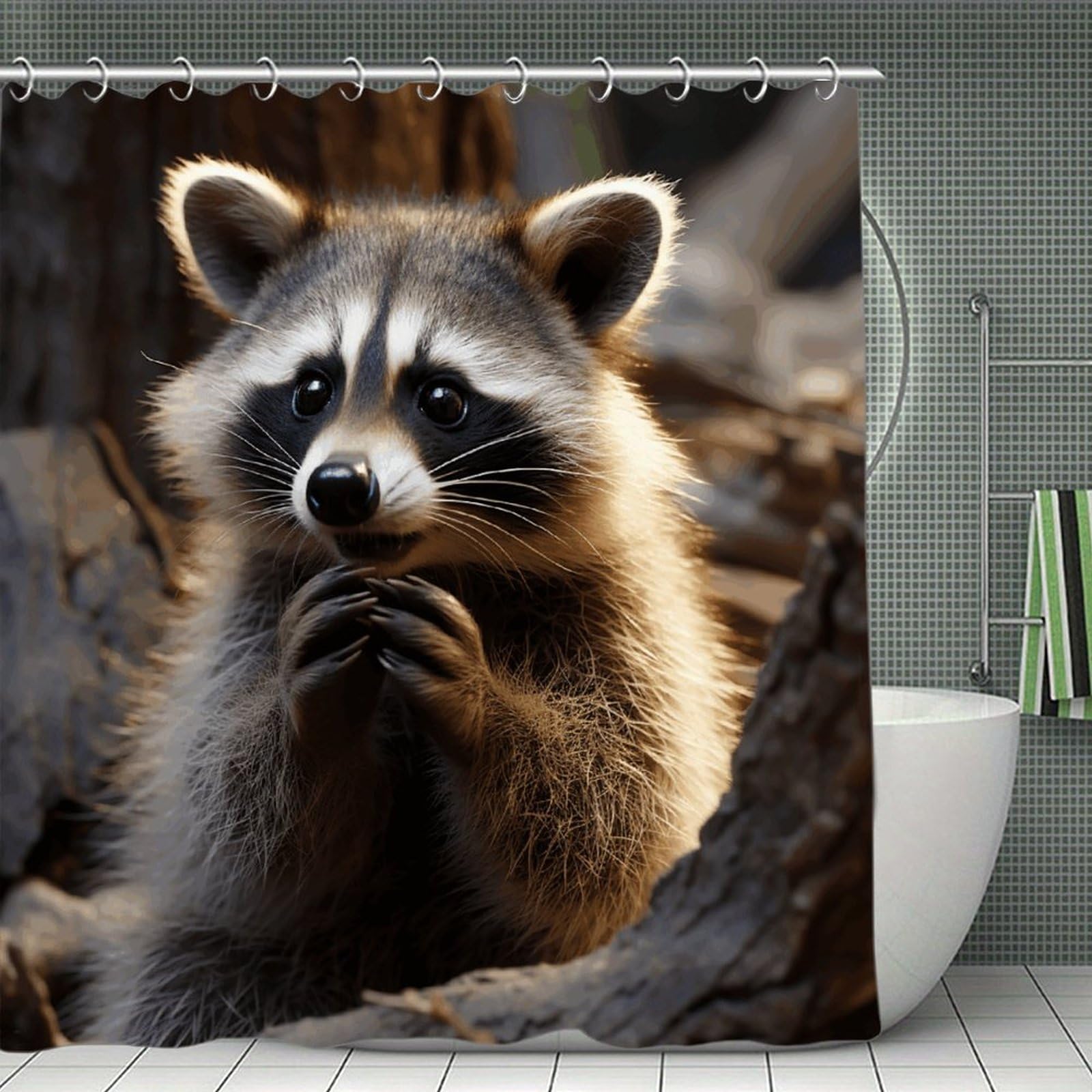 VstaDank Cute Raccoon Bath Curtain Elegant Heavy Duty Shower Curtains 70x70 in Rustic Farmhouse Cloth Shower Curtains Neutral Modern Bath Curtain for Bathroom