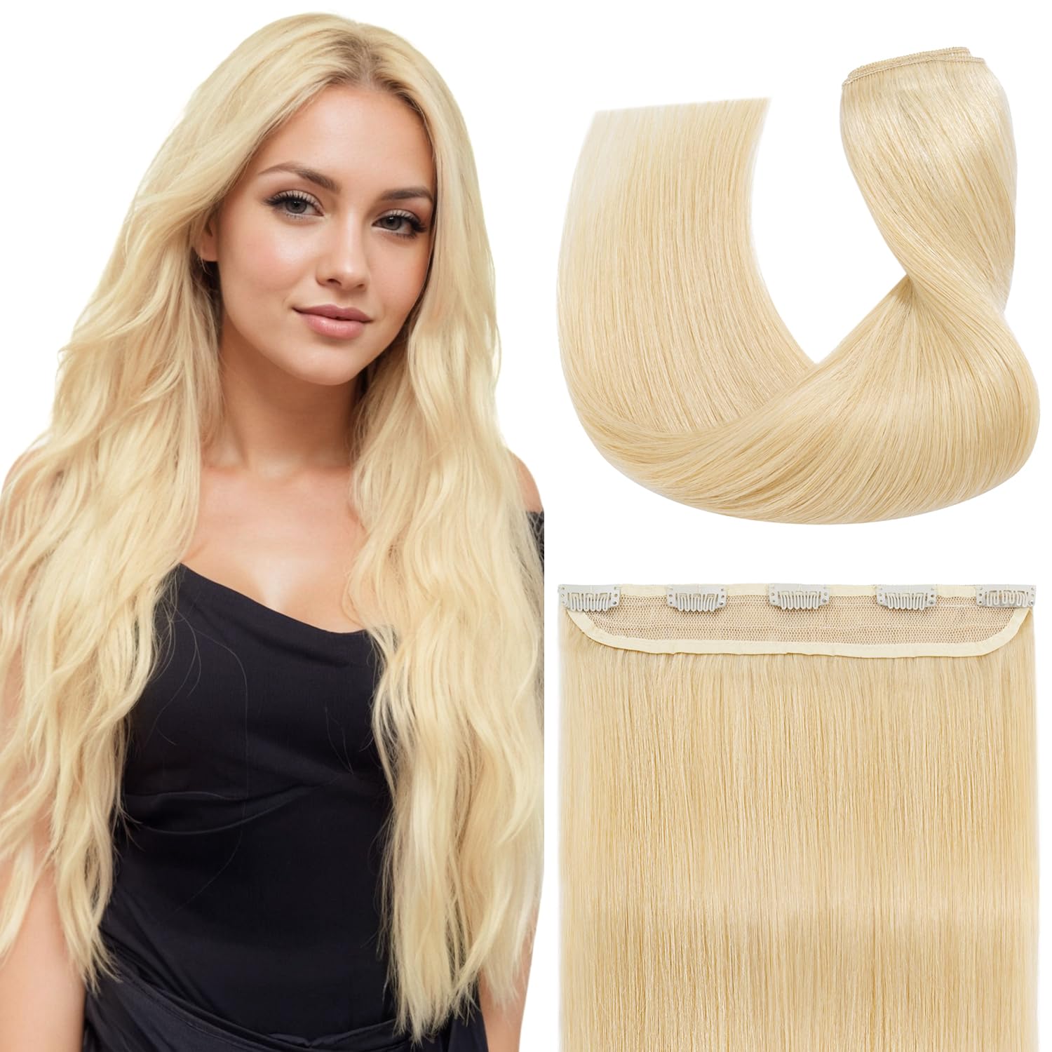 S-noilite One Piece Hair Extensions Clip in Human Hair 5 Clips 3/4 Full Head Clip on Remy Hair Extension for Women,One-Piece Design Adding Hair Volume
