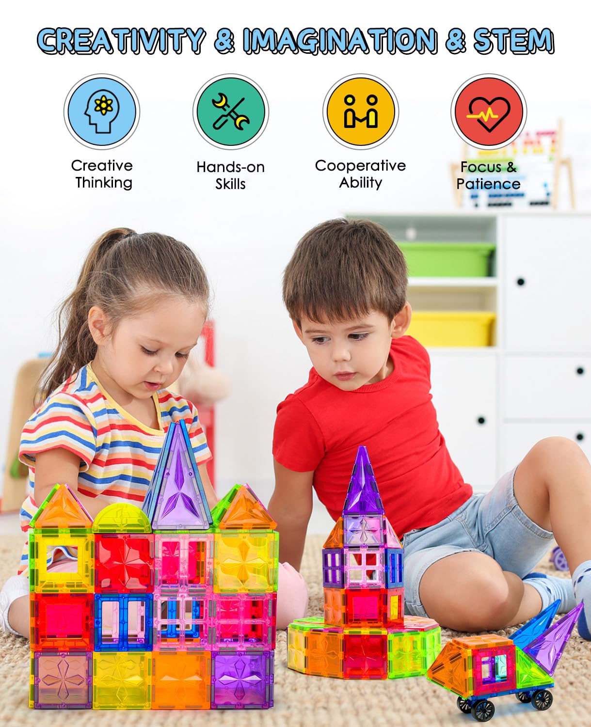 DXJXMAX Costruzioni Magnetici 105 Pezzi, Magneti Giocattoli per Bambini 3D, Costruzioni Magnetiche Blocchi, Giocattoli Educativi Regali STEM Creatività Montessori per 3+ Anni Ragazzi e Ragazze