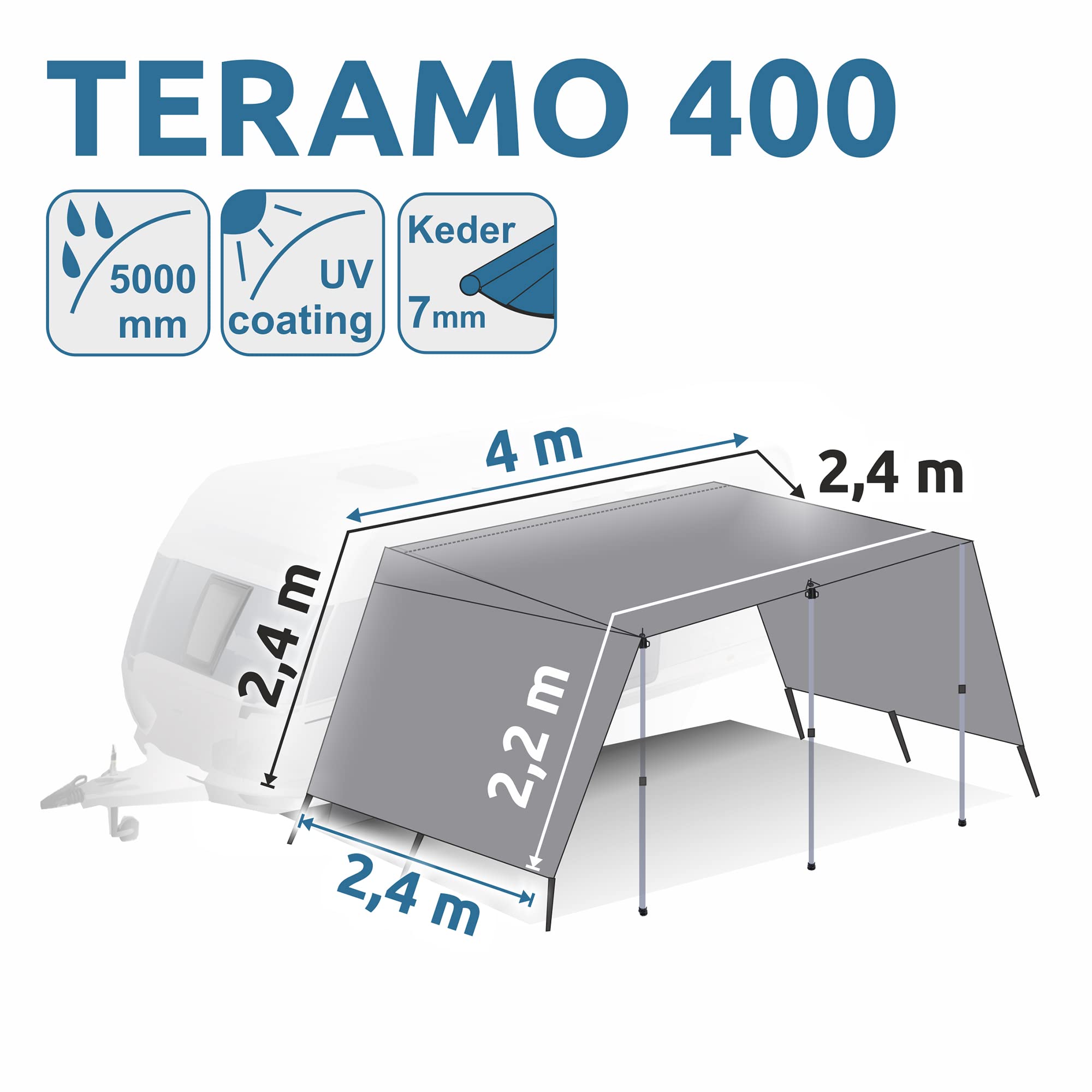 Gear Teramo Bâche pour caravane - 3 tailles - 250/300/400x240 cm - Protection solaire UPF 50+ - Camping-car - 5000 mm - Parois latérales - Barres de