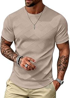 UOUA Men's Crewneck Sweatshirts Soild Color Geometric Texture T Shirts Short Sleeve Casual Pullover Shirt