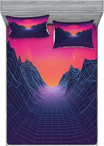 Ambesonne Synthwave 2 Pack Fitted Sheet & Pillow Sham Set, 80's Grid Mountains Sun, 4 Pcs Bedding Decor, Package Contains 2 Calking Size Fitted