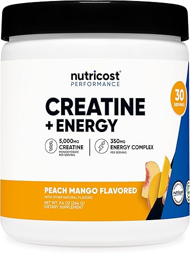 Nutricost Creatine + Energy 30 porciones (sabor a mango y melocotón)  5,000 mg de monohidrato de creatina + 350 mg de complejo energético por porción