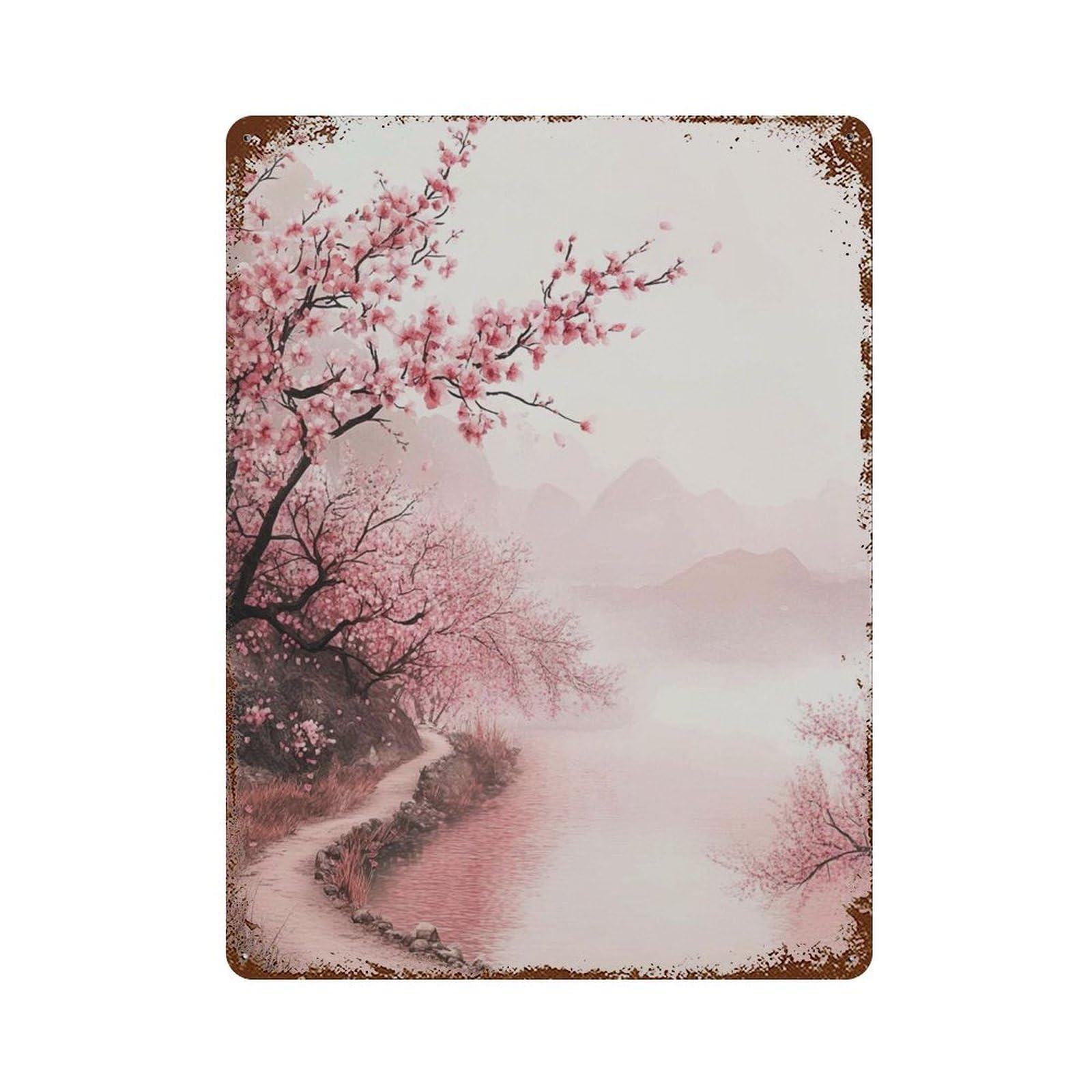 xiaoxiaoshen Cherry Blossom Riverside Japanese Sakura Landscape Tranquil Pink Nature Modern Wall Decor Art Metal Tin Poster Modern Home Decor Art Home Bar Shop Decorations Vintage Sign 40x30cm