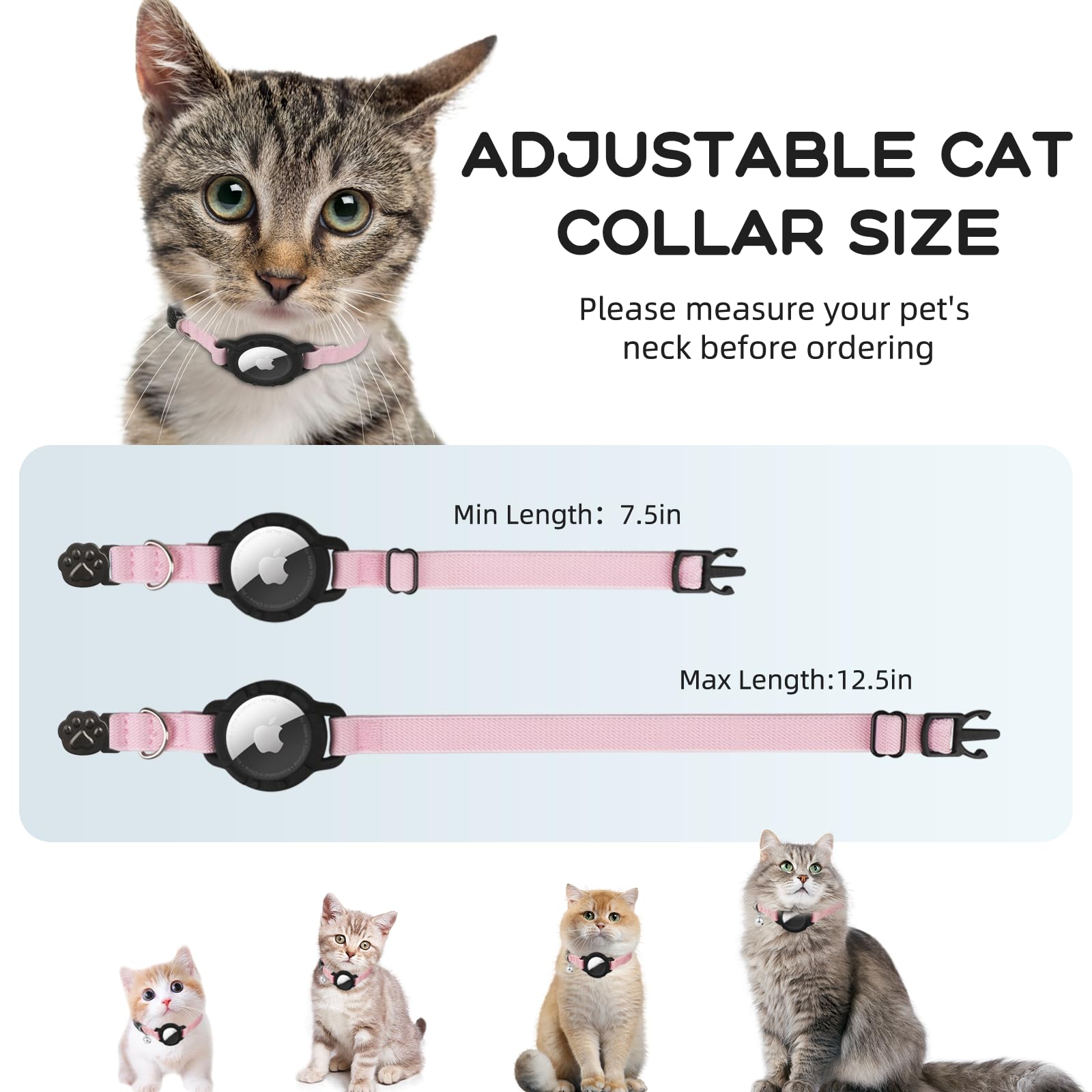AirTag Katzenhalsbänder, dehnbares Halsband mit Apple Air Tag Halter und Glocke | Breakaway – Ultra Design Elastisch – GPS-Tracking-Halsbänder – verstellbare Größe für Katzen und Welpen 19,1–31,8 cm – (Rosa)