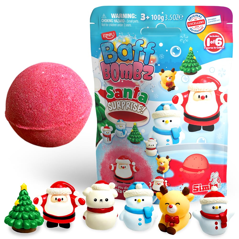 ZIMPLI - Large Santa Surprise Bath Bomb, Contains 6 Surprise Christmas Toys to Collect in Total, One per Baff Bomb, Stocking Filler for Boys Girls 4 5 6 7 8 9