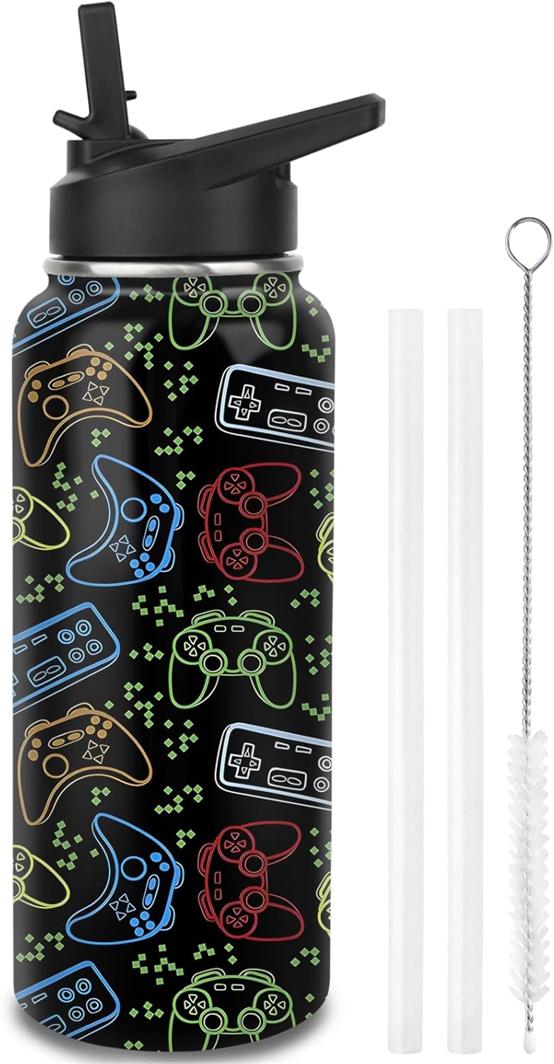 Gaming Water Bottles with Straw, 18 Ounces Insulated Stainless Steel Tumbler Cup Mug Gamer Gifts for Women Girls Game Lovers