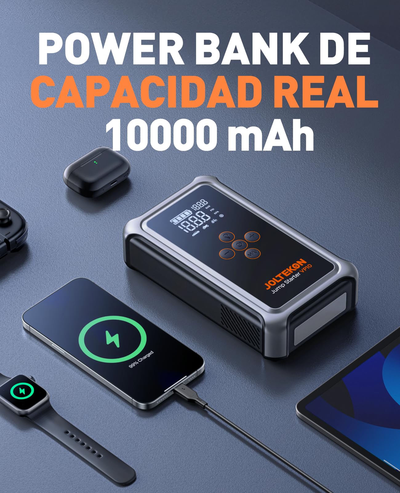 Arrancador de Baterías de Coche 5000A con Compresor de Aire 150PSI, Arrancador de Coches 12V con Función BOOST de Arranque Forzado, Linterna 3 en 1, Pantalla Grande(para All Gas o 10L Diesel)