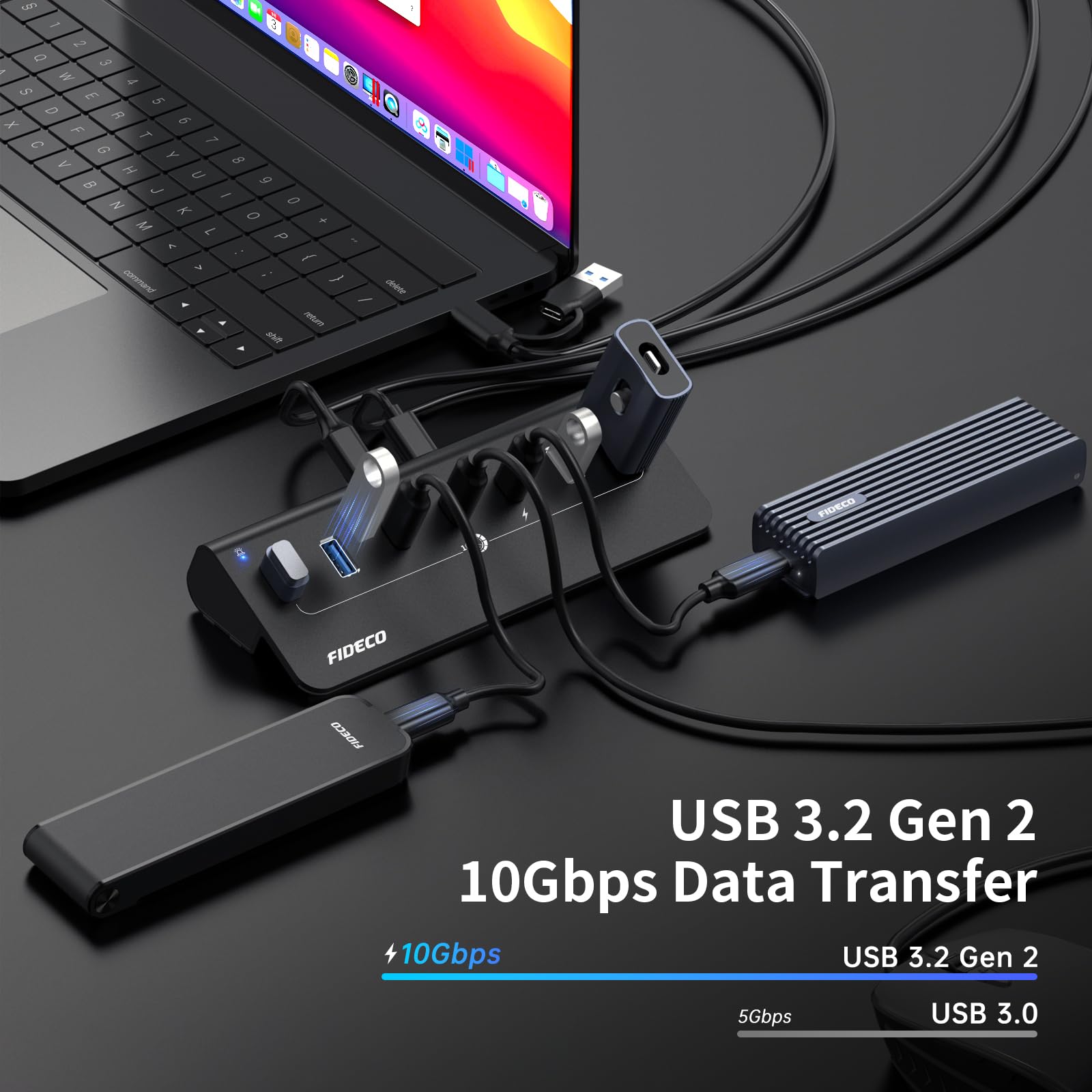 FIDECO Hub USB Alimentato, 7 Porte USB 3.2 Gen 2 10 Gbps Alta Velocità Completamente in Alluminio con Adattatore di Alimentazione 5 V 3 A Supporto di Ricarica BC1.2