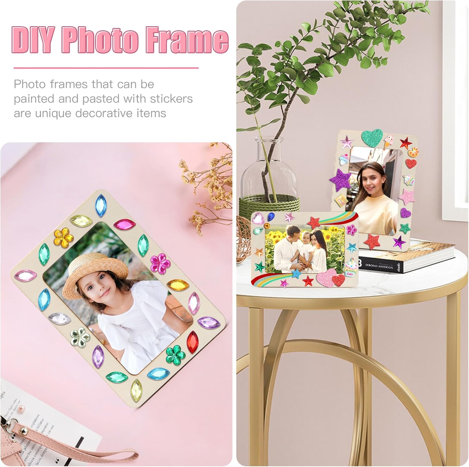 ZOCONE 24 Pcs Wooden Picture Frames for Craft, 7.5"x5.5" Picture Frame Painting Craft Kit, DIY Wood Frame with Stickers, Resin Accessories, Painting Tools, Mothers Day Crafts for Kids to Make
