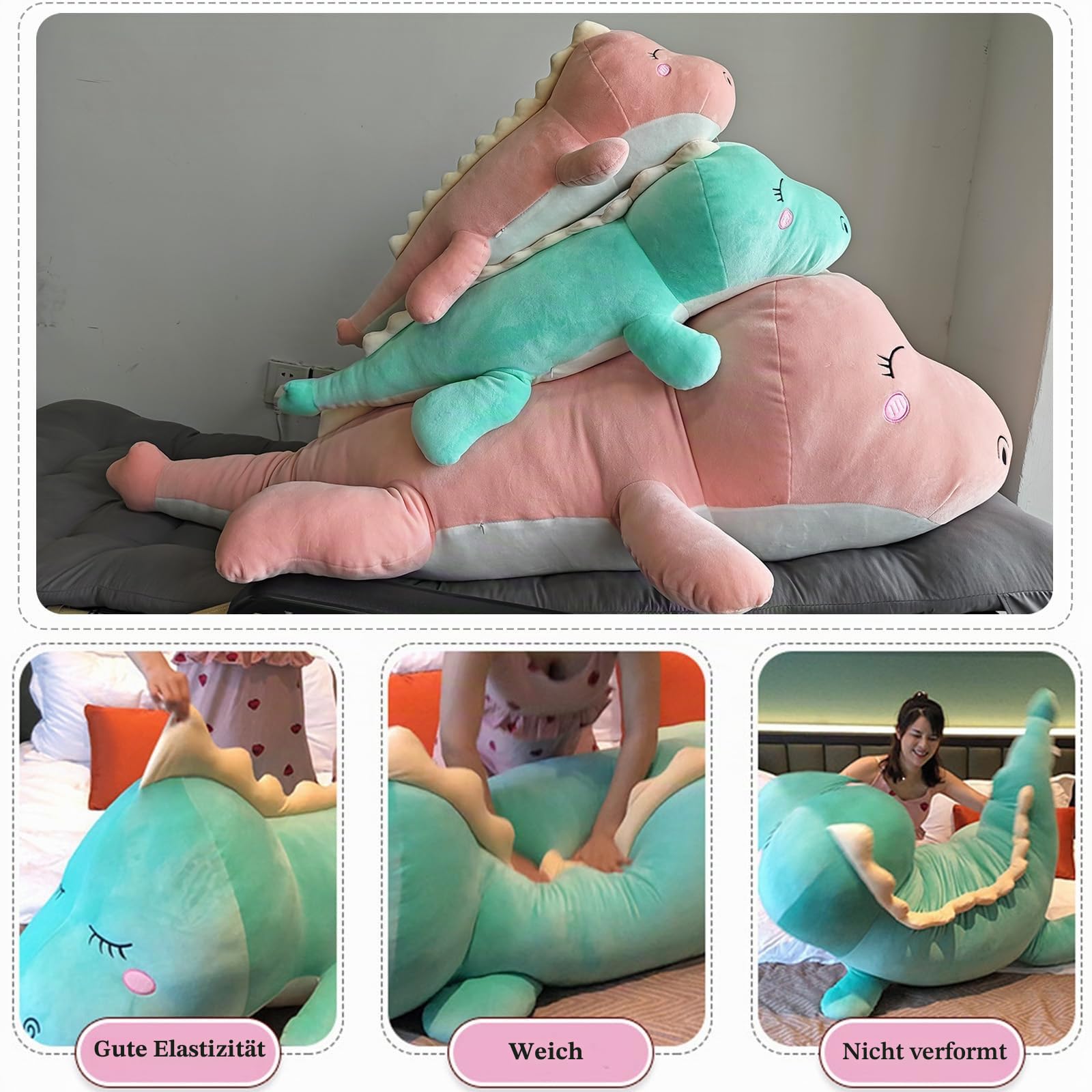 Plüschtier Dinosaurier Kuscheltier Stofftier Plüschkissen,Lange Dino Plüsch Spielzeug Umarmungskissen Lumbar Rückenkissen Puppe Geschenke für Kinder (120cm, Pink - Happy)