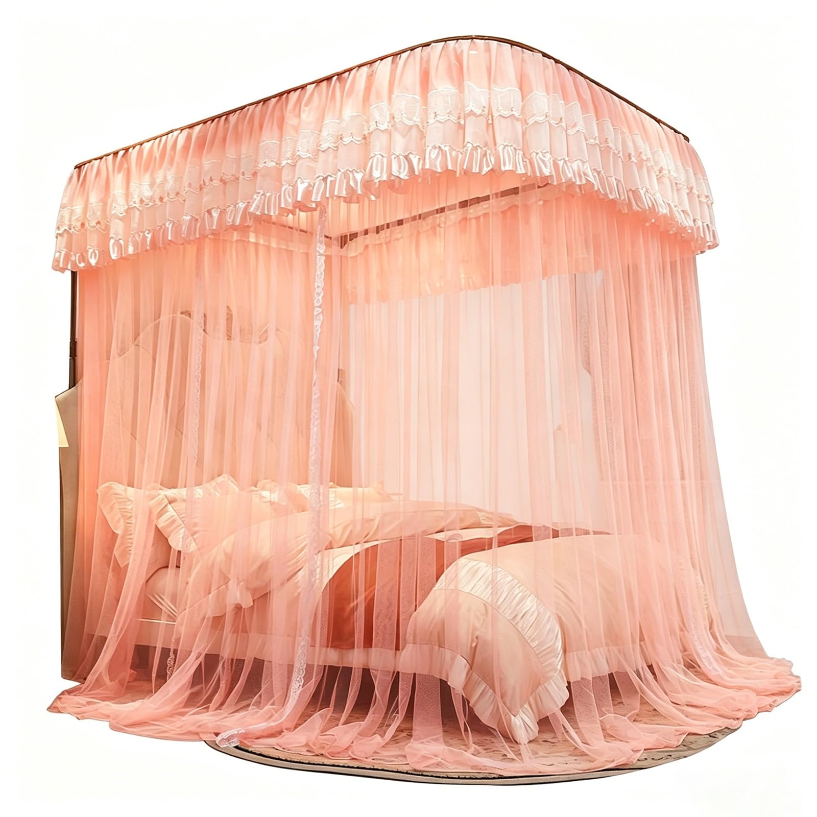 SARKEY U-Shaped Rail Bed Canopy Curtain,Lace Up Ruffle Princess,Girls Bedroom(PE,180x200x210cm(71"x79"x83"))