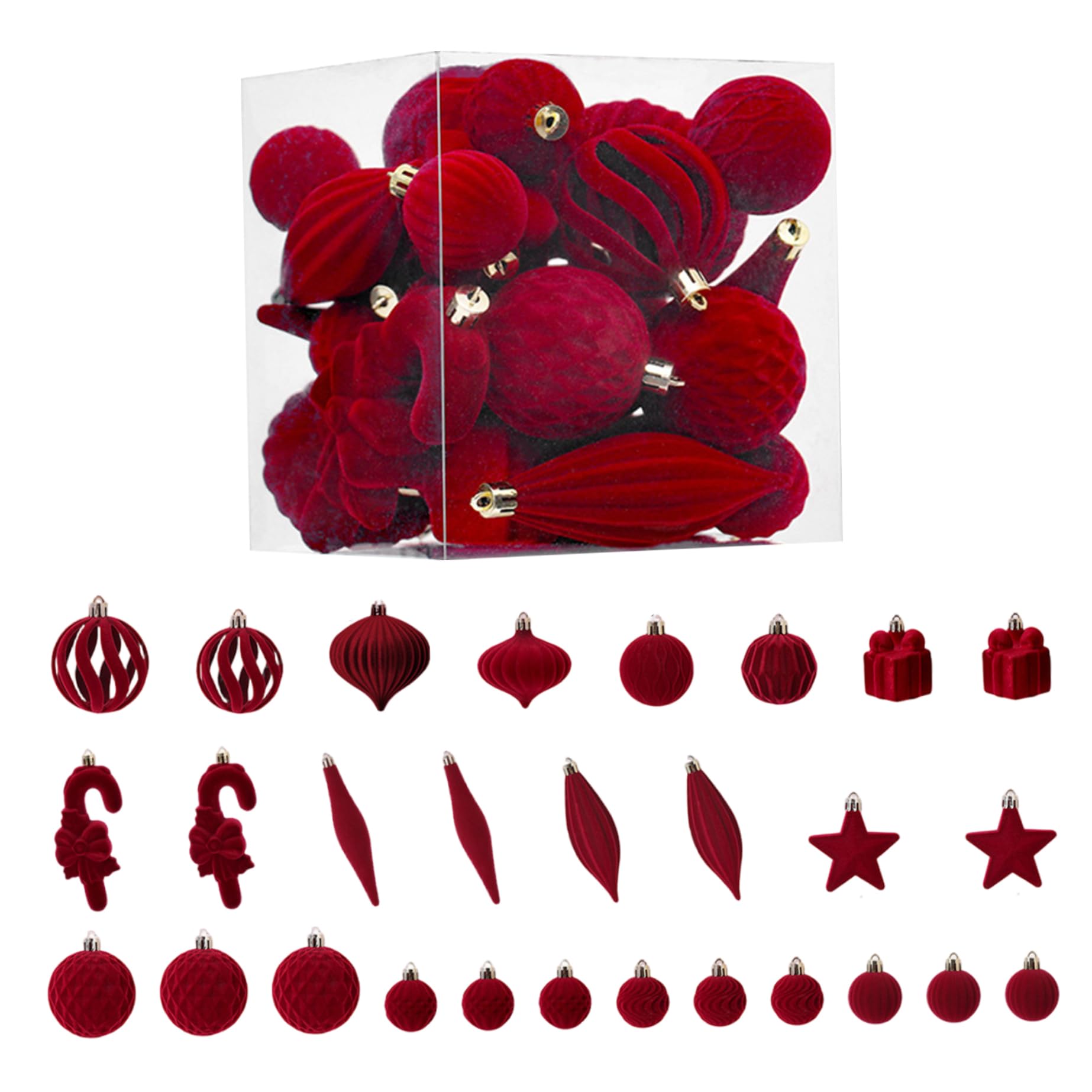 Gcroet 28PCS Christmas Ornaments Set Shatterproof Velvet Christmas Tree Decorations for Xmas Tree, Holiday Party Decor, Wine Red