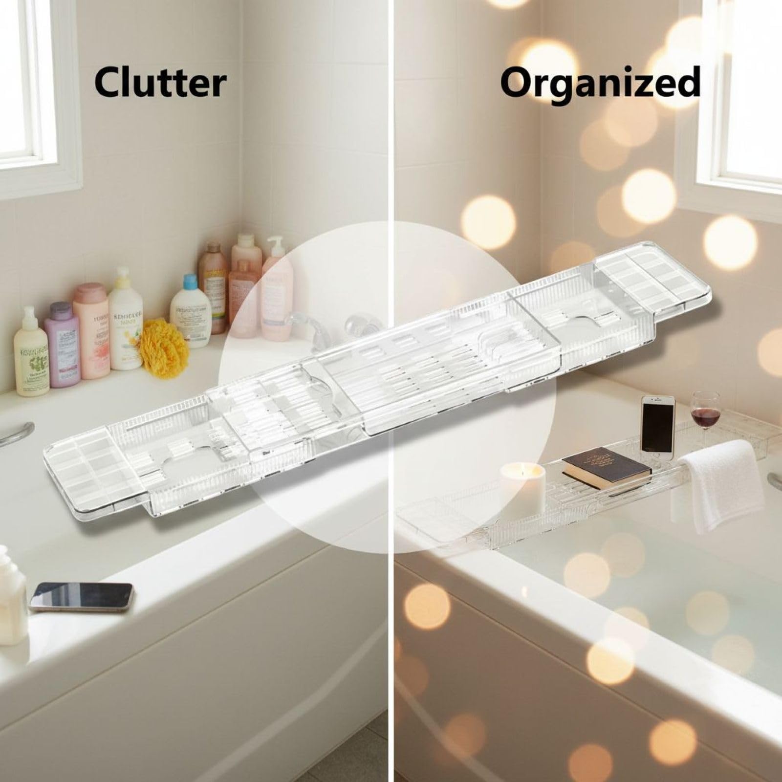 Bandeja de bañera, organizador de baño de plástico transparente expandible con soporte para copas de vino y tablet, retráctil de 22.3 a 31.8 pulgadas de longitud, almacenamiento multicompartimento