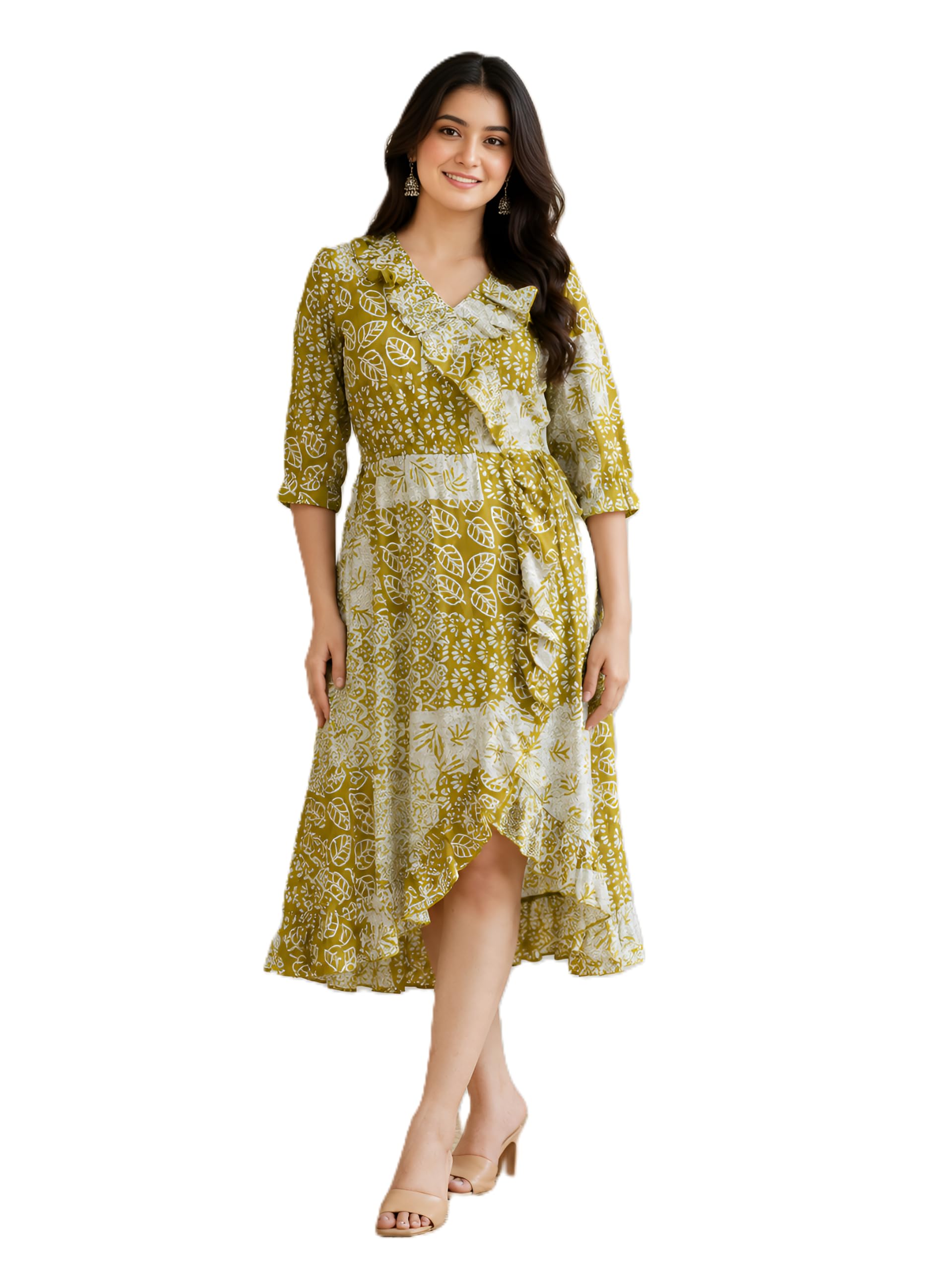 yash gallery Women’s Wrinkle Free Printed Short Dress Wrap-Style V-Neck A-Line Dress with High-Low Hem and 3/4 Ruffle Sleeves Casual, Party, Brunch, Travel and Holiday Wear-picture-22