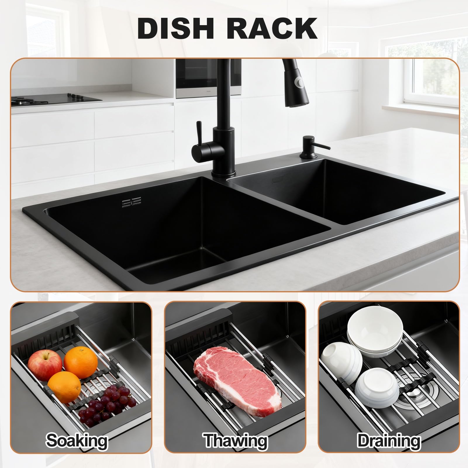 Fregadero De Cocina Doble Cubeta Acero Inoxidable Profesional, Kit Completo De Instalación Bajo Gran Capacidad Insonorizado Para Restaurante Hogar Bar Lavandería Sótano Garaje Estación(negro,80x45)