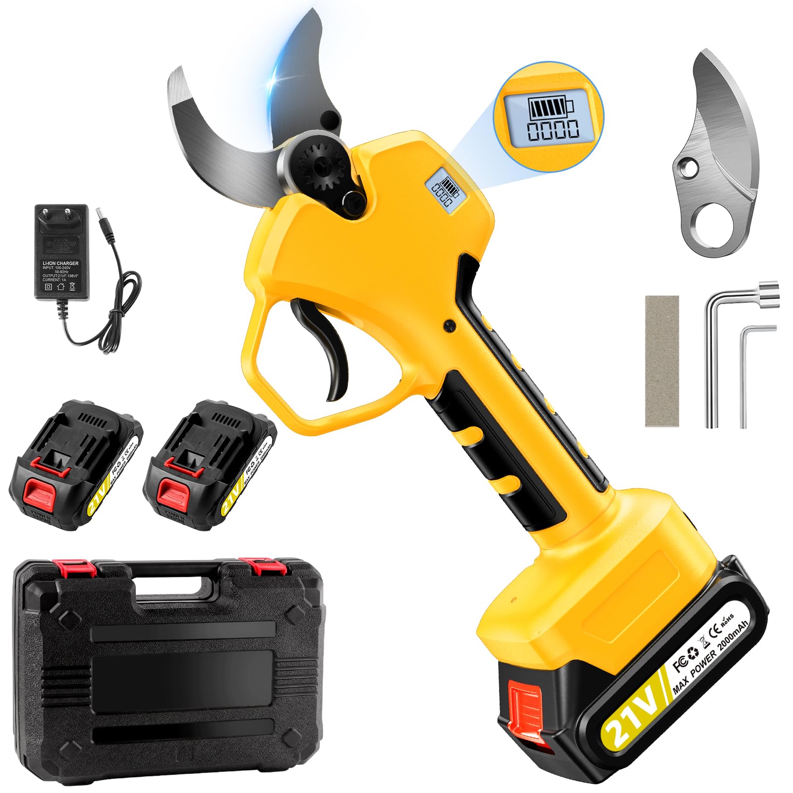 Forbici Potatura a Batteria, Dimensione Massima 40-50 mm, 2*2 Ah Batterie con Display, Tempo di Lavoro 6-10 h, lame Sk7, Forbici da Potatura con 1000w Motore Brushless per Giardinaggio, Alberi Frutto