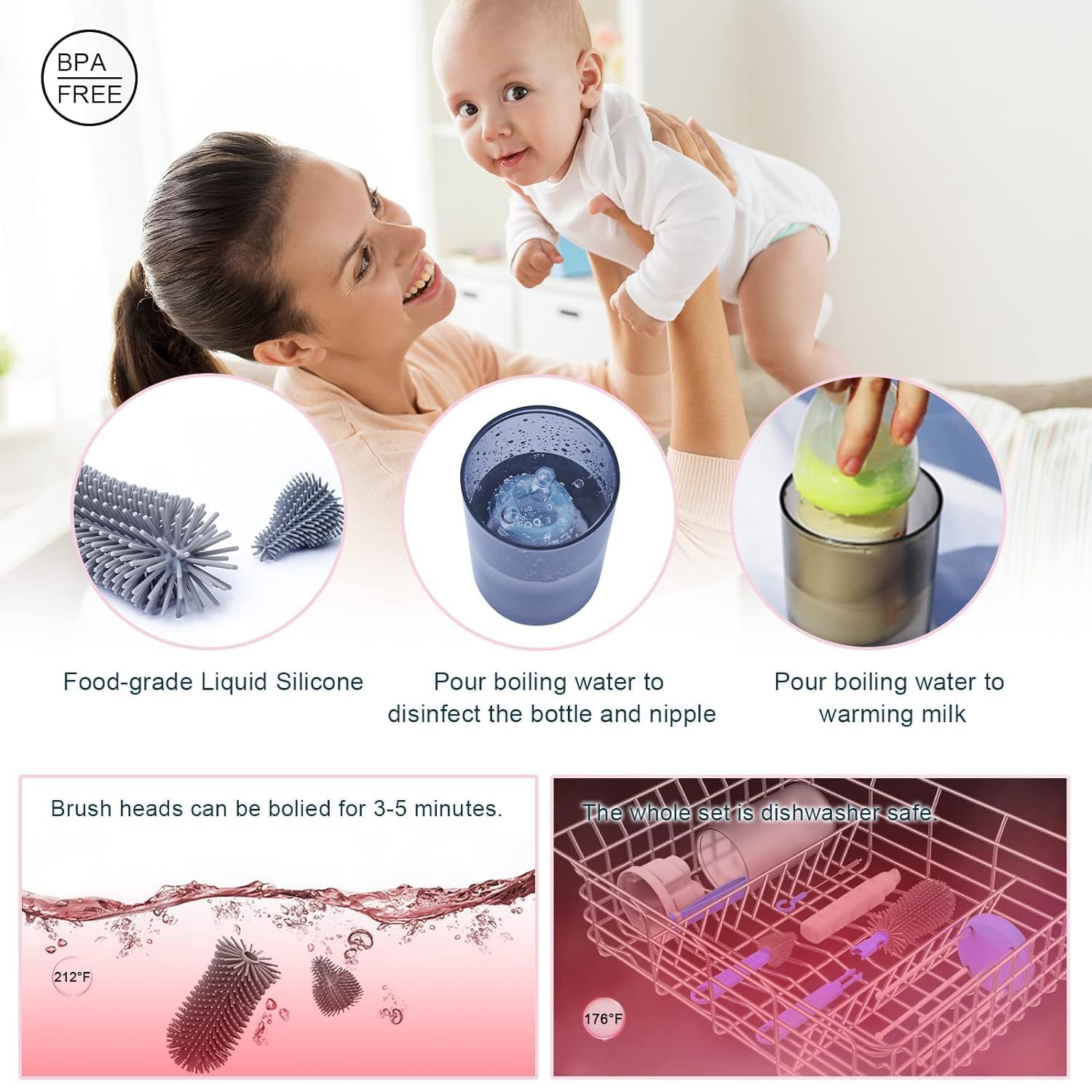 Parssufy Portable Baby Bottle Brush Kit Travel Feeding Bottle Cleaning Set Nursing Bottle Cleaner with Extendable Silicone Bottle Brush/Nipple Brush/Straw Brush/Drying Rack/Soap Dispenser/ (Blue) 4