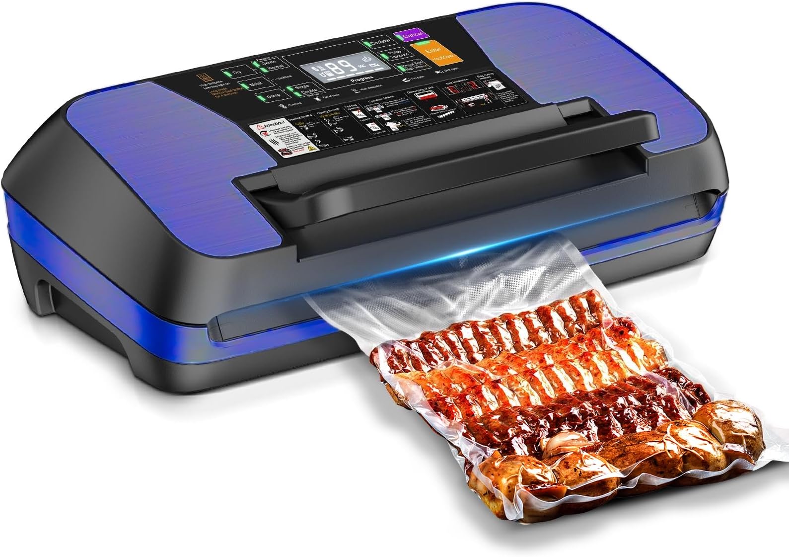 95kpa Vacuum Sealer Machine, Commercial Full Automatic Food Sealer, Vacuum Sealer for Food with Cutter, 10 Pre-cut Bags & Bag Rolls and Accessory Hose, Fully Starter Kits, Dark Blue