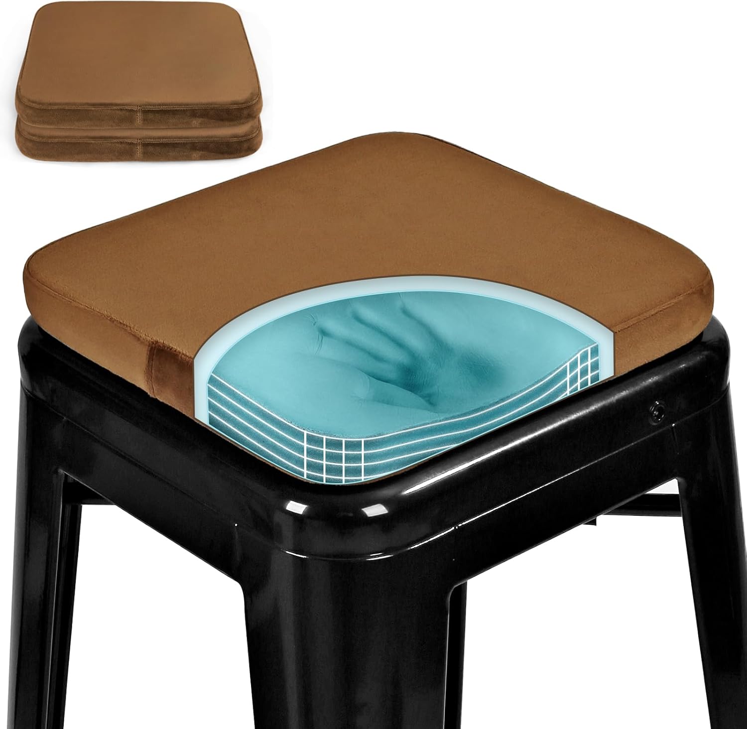 SINOSSO Magnetic Memory Foam Metal Stool Cushions Set of 2, Luxury Velvet Bar Cafe Stackable Chair Seat Pads, Non-Slip & Washable (Square, Brown, 2)