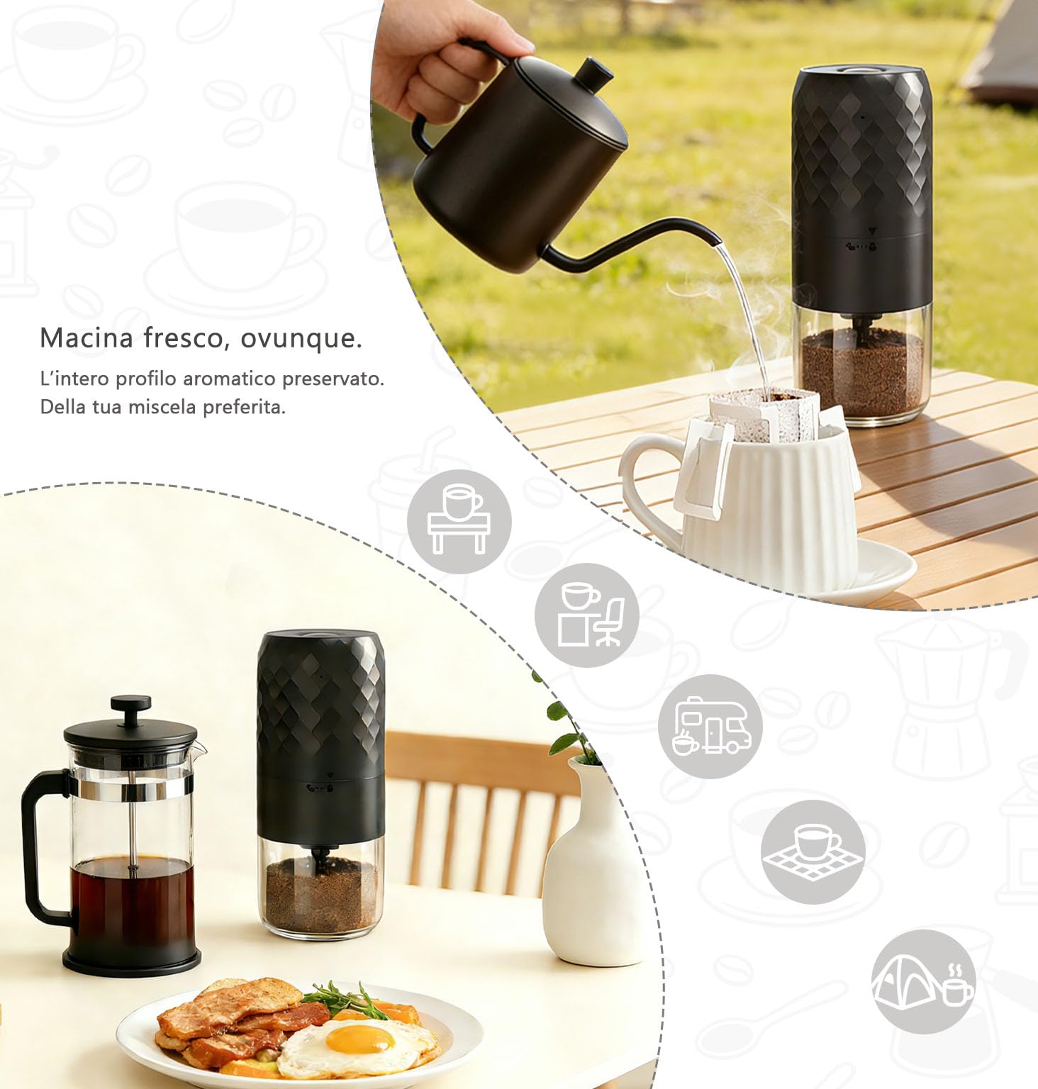 Macinacaffè elettrico portatile, macina conica con 5 gradi di macinazione regolabili, ricarica rapida USB-C e funzionamento con un solo pulsante, spazzola per la pulizia