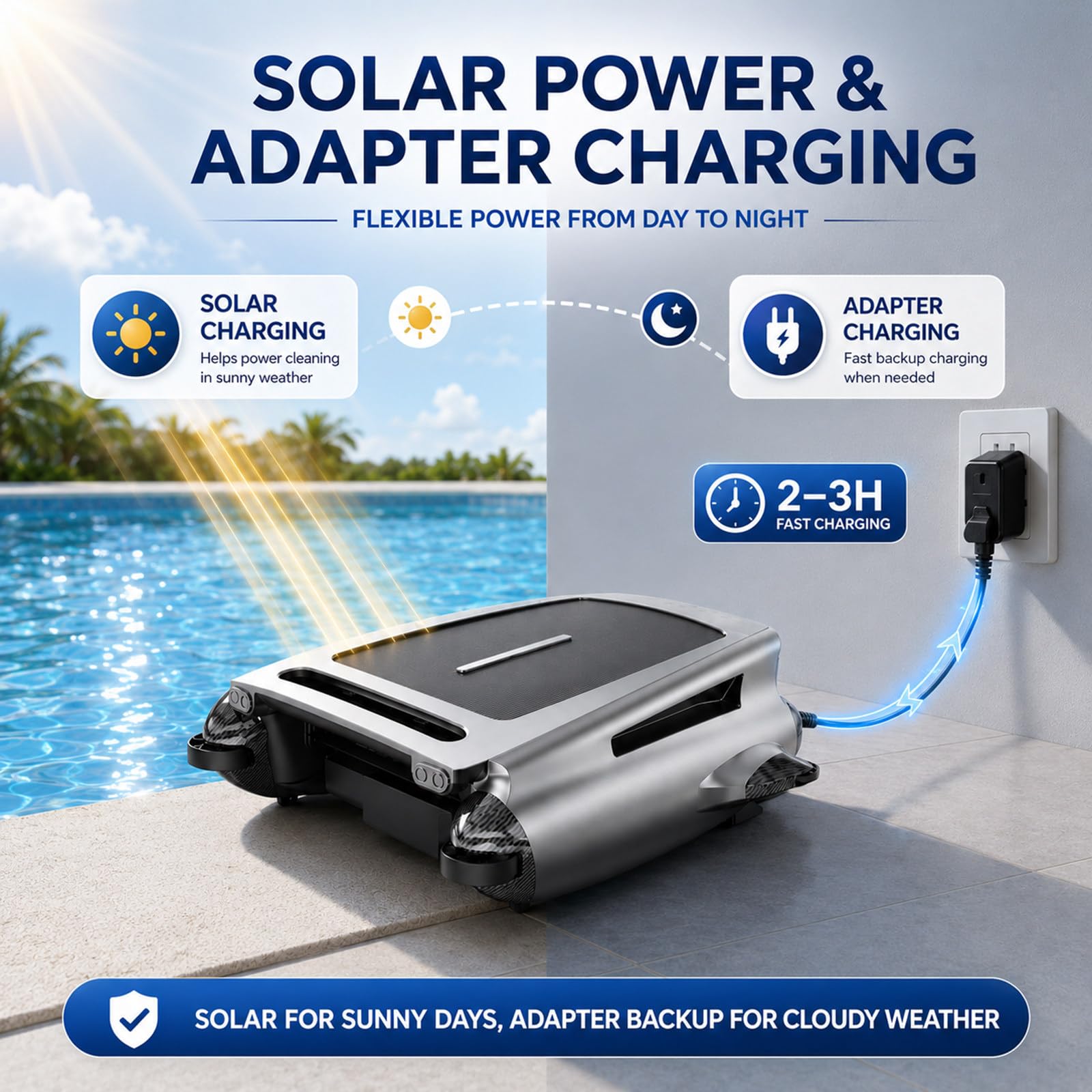Doble Carga Robot Skimmer Piscina Solar, Limpiador de Superficie con App, Mando a Distancia, Evitación de Obstáculos, Filtro 450 μm para Hojas y Polen Blue