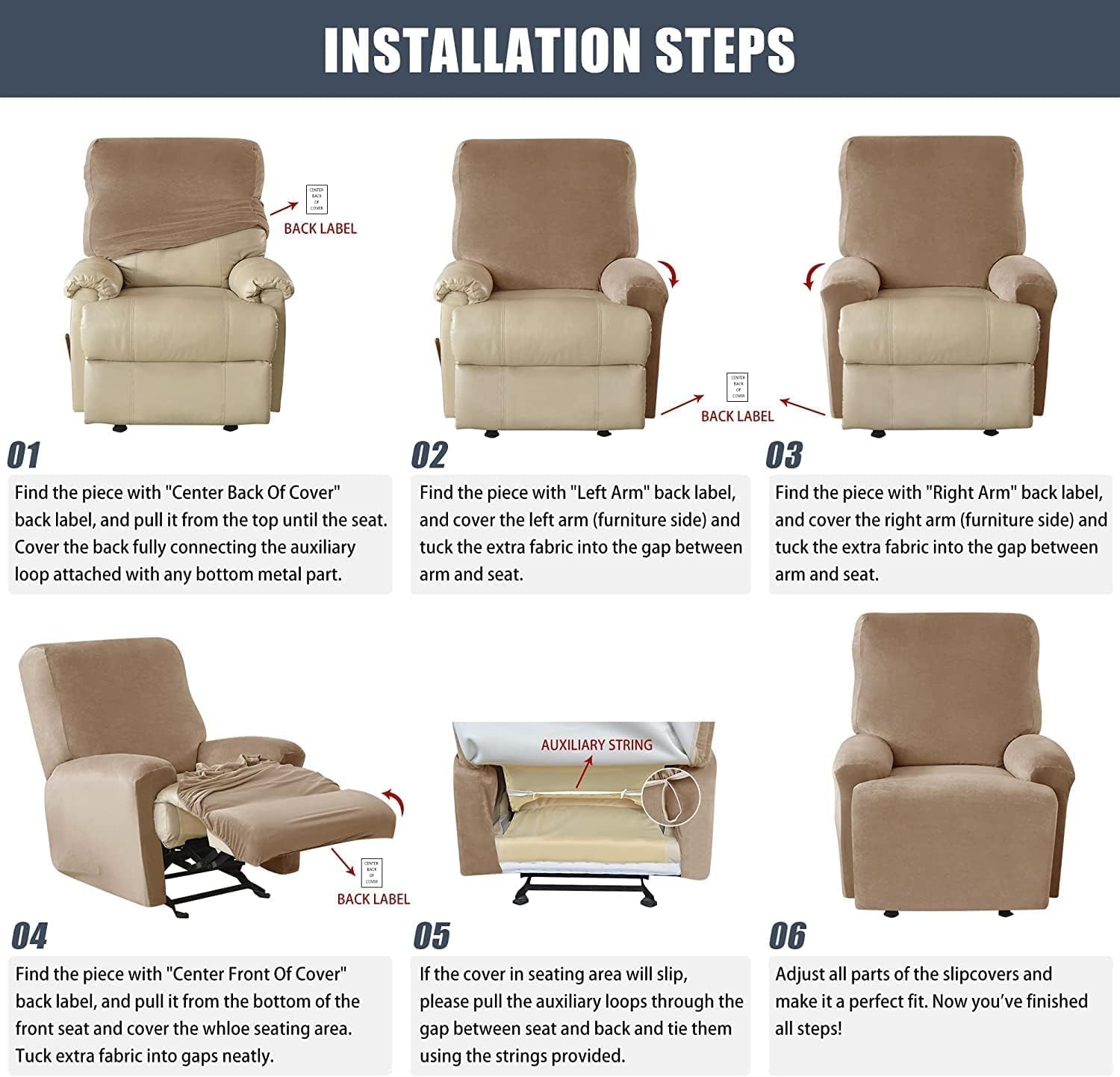 Velvet Recliner Sofa Cover Split Reclining Couch Cover Stretch Recliner Sofa Slipcovers Anti-Slip Furniture Covers with Elastic Bottom for Living Room (Color : Camel, Size : 1 Seater 4-Piece)