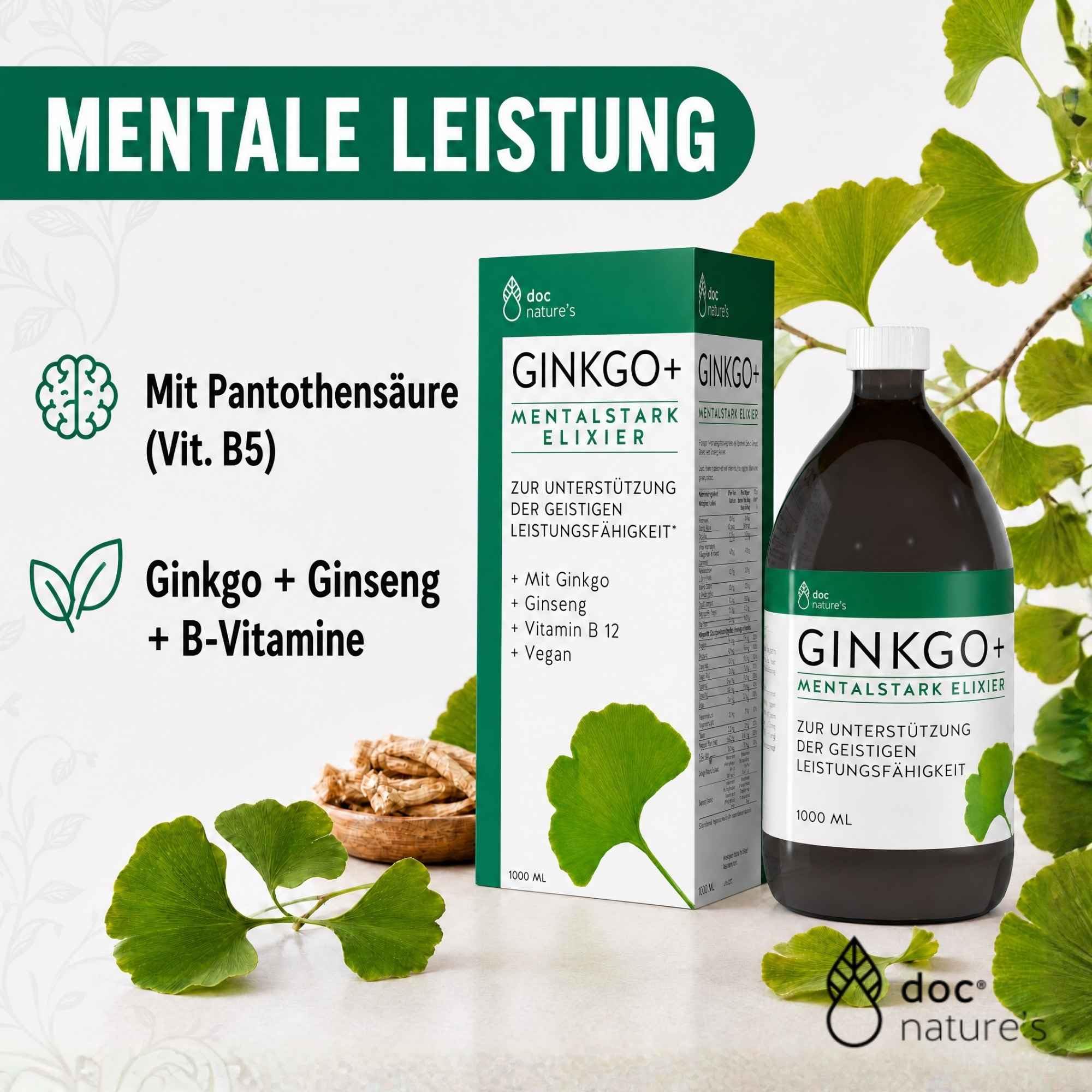 doc nature’s GINKGO+ Mentalstark Elixier, 1000 ml Vitamin B Komplex, unterstützt geistige Leistungsfähigkeit, mit Ginkgo Biloba & Ginseng-Extrakt, Vitamin B12, Pantothensäure & Eisen
