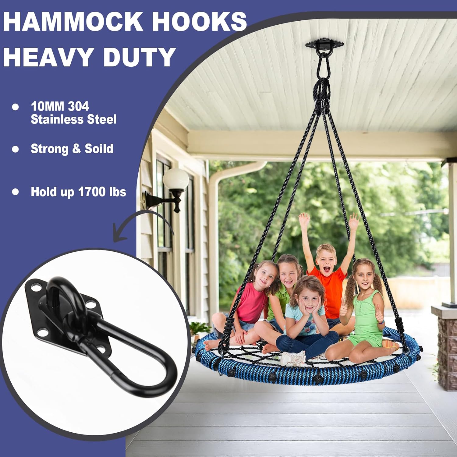 Hammock Hooks 4 Pack, Heavy Duty Hammock Hanging Kit, M10 304 Stainless Steel Pad Eye Hanging Hooks for Porch Swing Hang, 3400Lbs Holding Capacity,Black