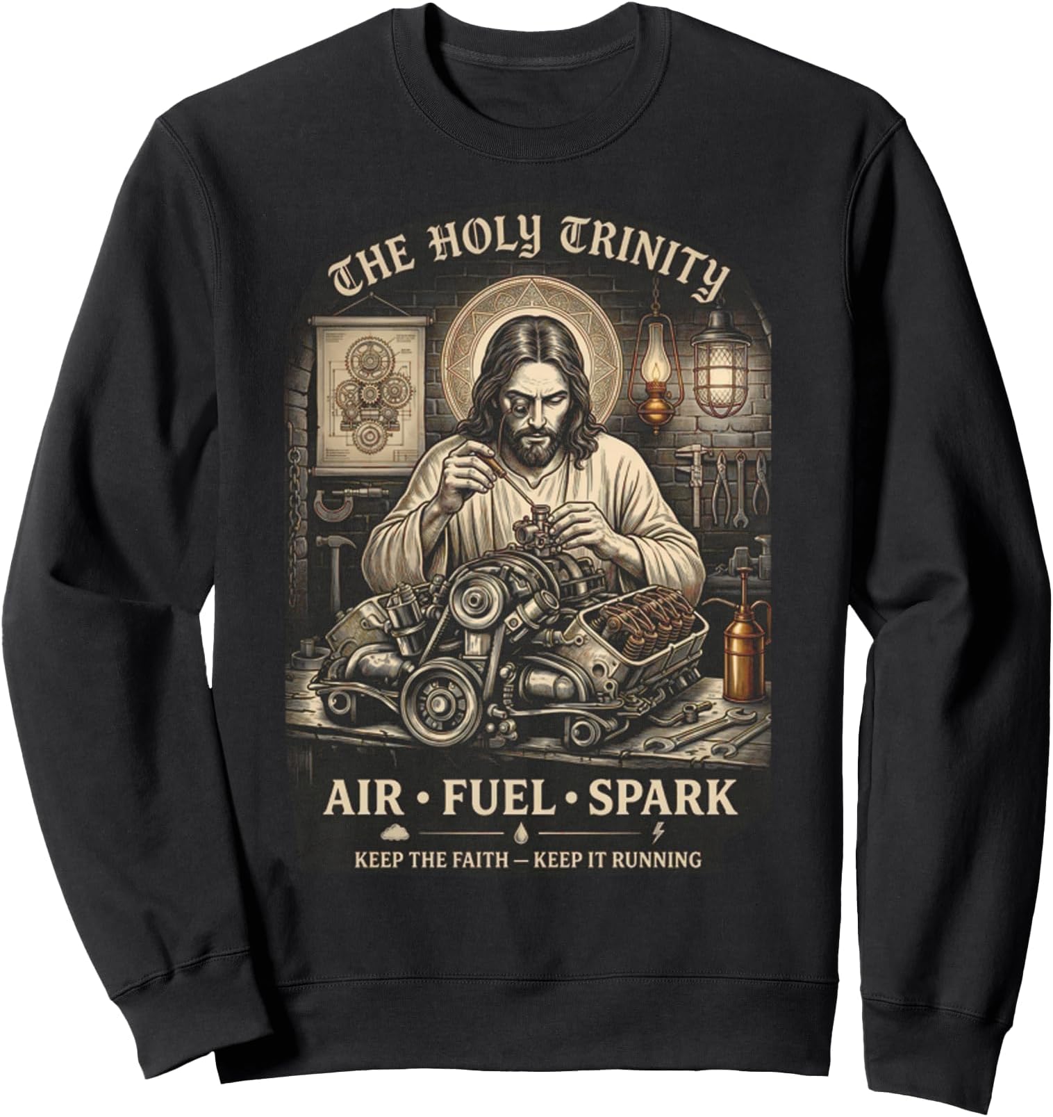 Holy Trinity Air Fuel Spark Jesus Mechanic Engine Sweatshirt