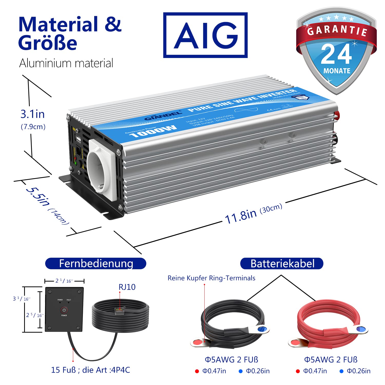 GIANDEL 1000W KFZ Wechselrichter 12V auf 230V Reiner Sinus Spannungswandler Umwandler-Inverter Konverter mit Fernbedienung EU-Steckdose & 2.4A USB-Anschluss