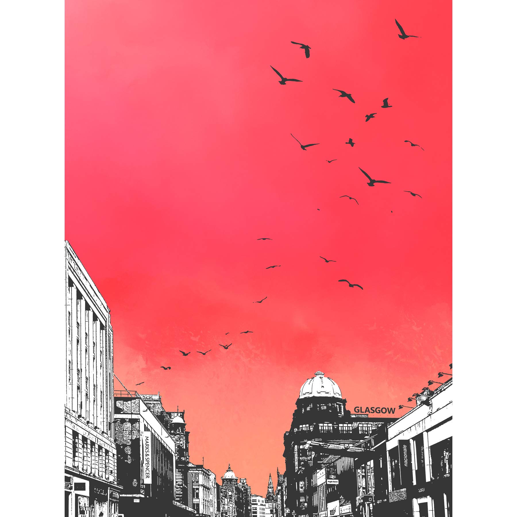 Wee Blue Coo Rooftop Birds Glasgow Large Wall Art Print 18X24