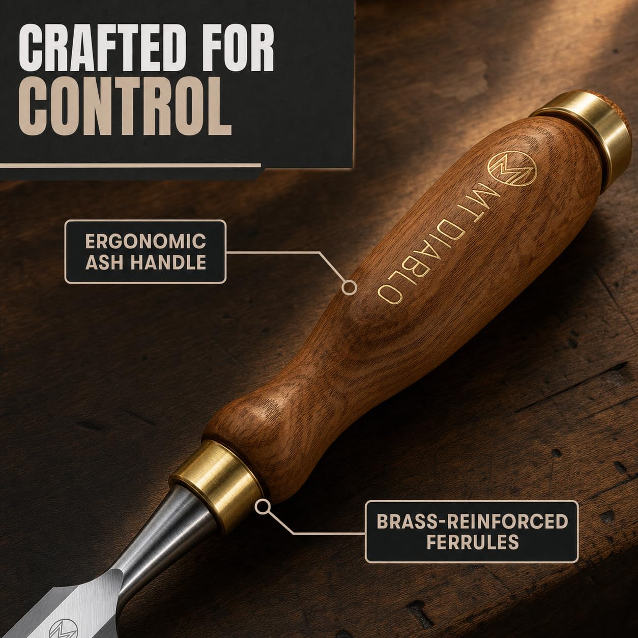 Mt Diablo Juego de 4 cinceles de madera de acero CV60 de alta calidad con asas ergonómicas, incluye anchos de 1/4 pulgadas, 1/2 pulgadas, 3/4 pulgadas, 1 pulgada, ideal para carpinteros, rollo de