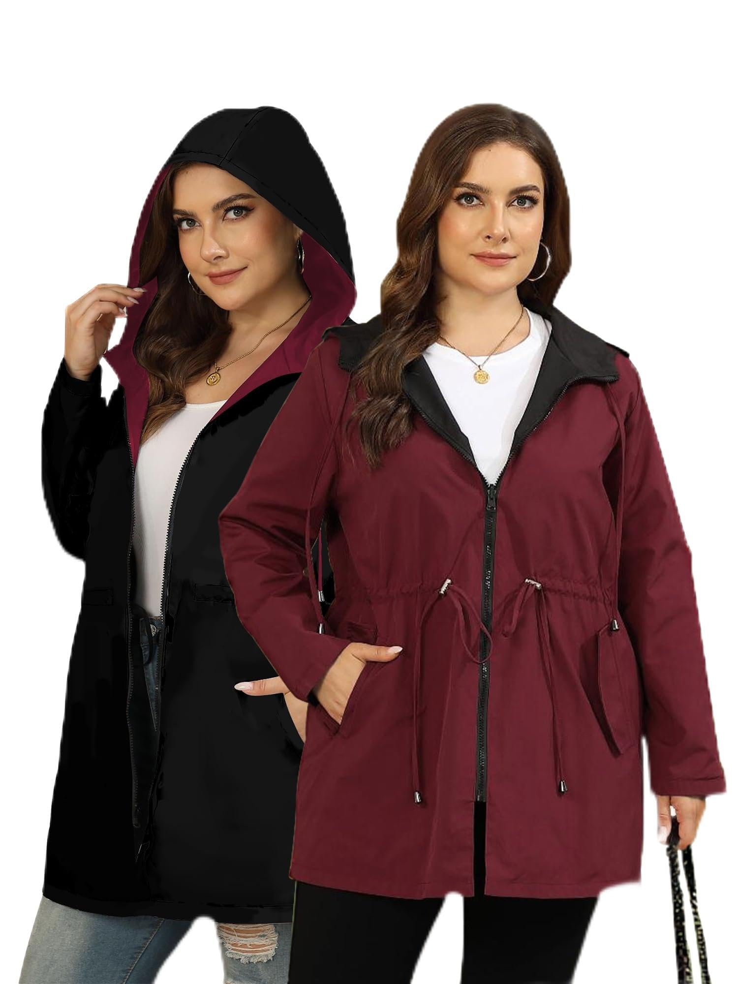 Regenjacke Damen Große Größen Reversible Regenmantel Damen Leicht Windbreaker Wasserdichte Regenjacken mit Kapuze Sport Outdoorjacke